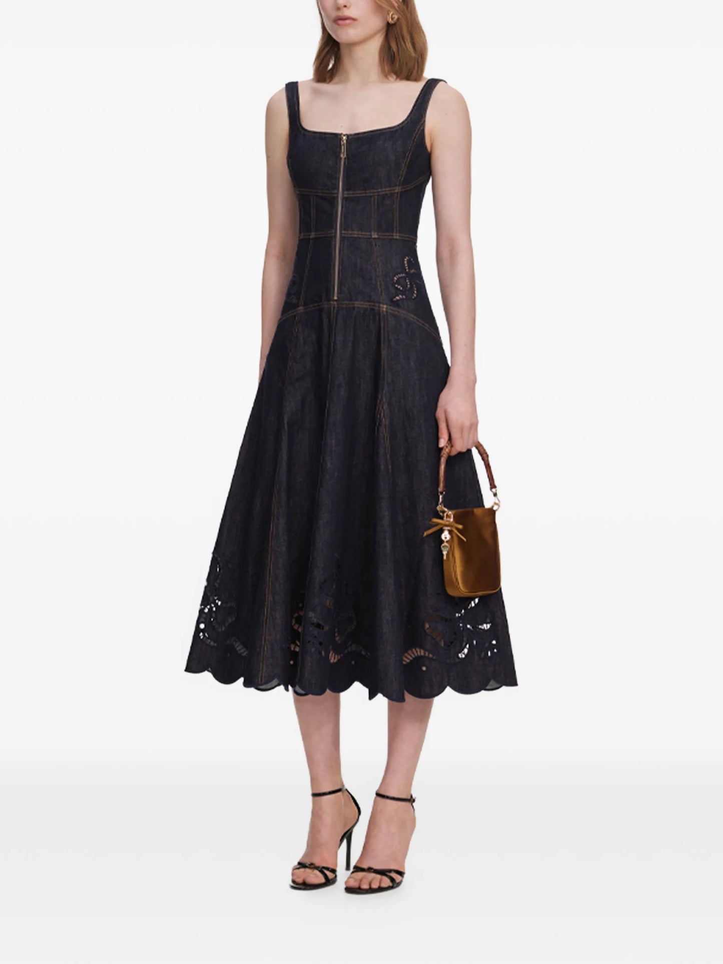 broderie-anglaise flared-hem midi dress
