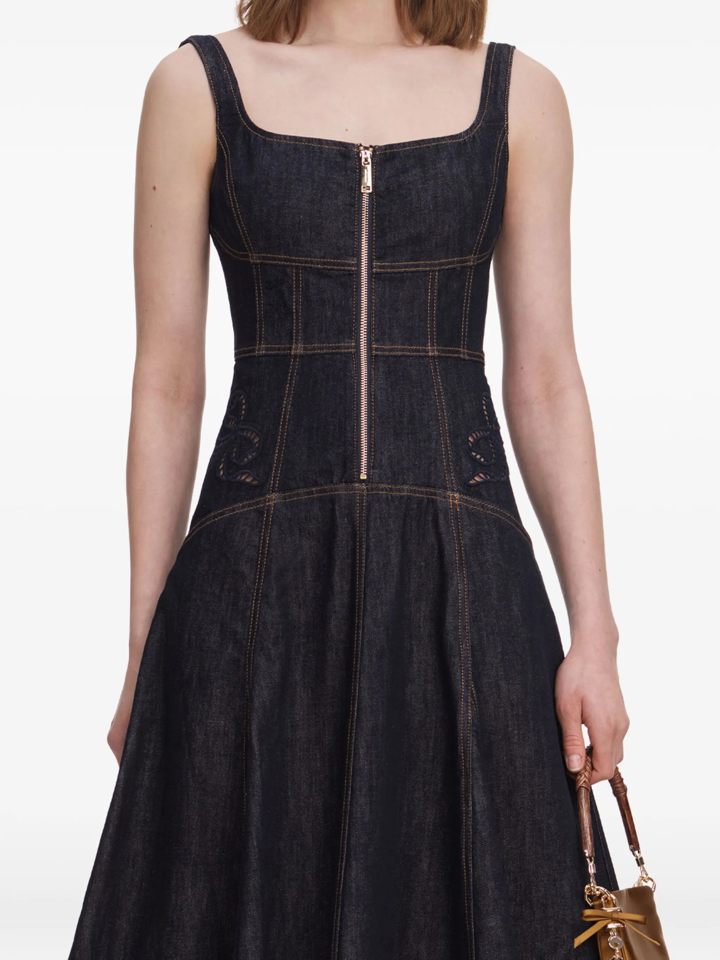 broderie-anglaise flared-hem midi dress