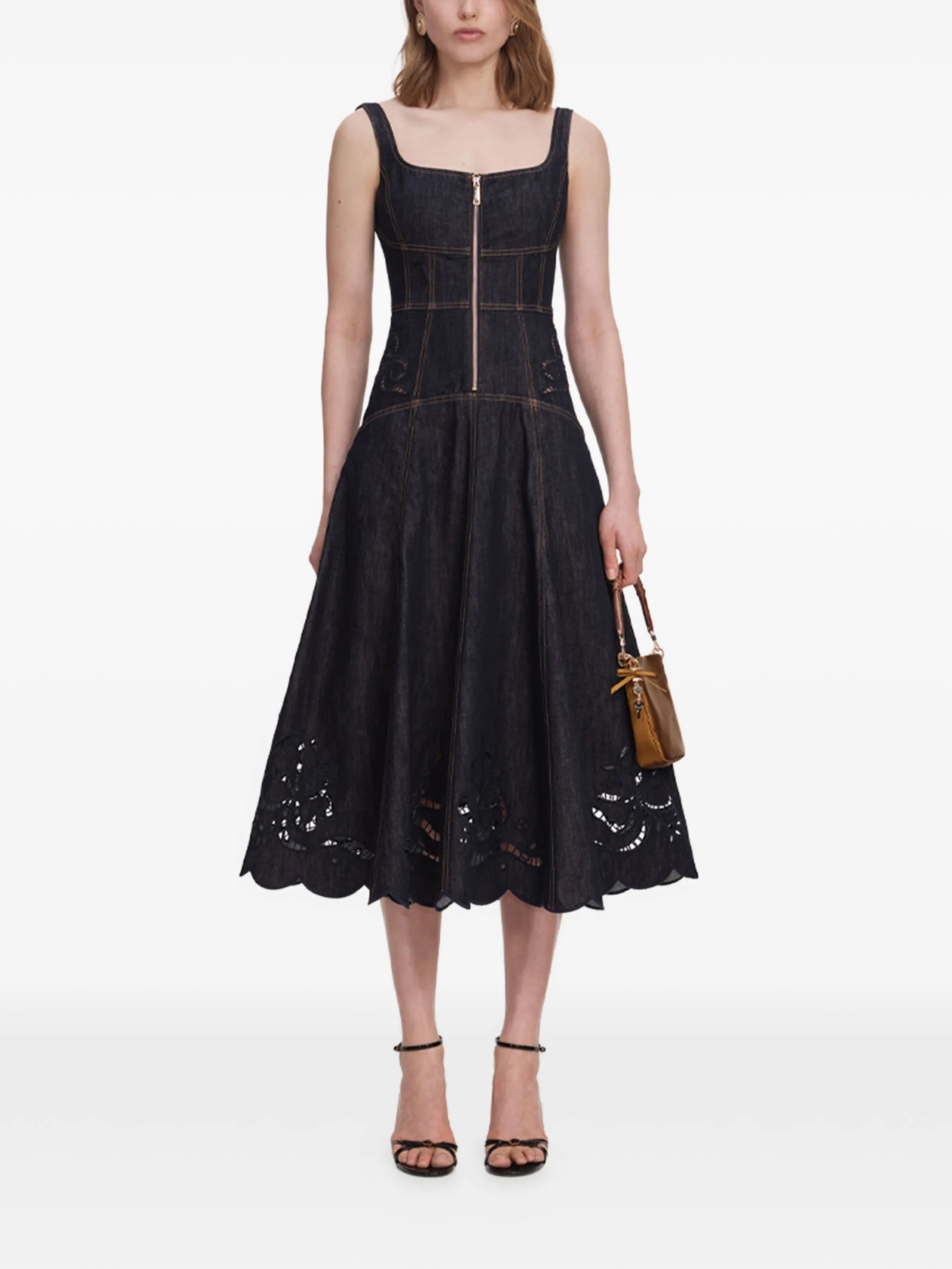 broderie-anglaise flared-hem midi dress