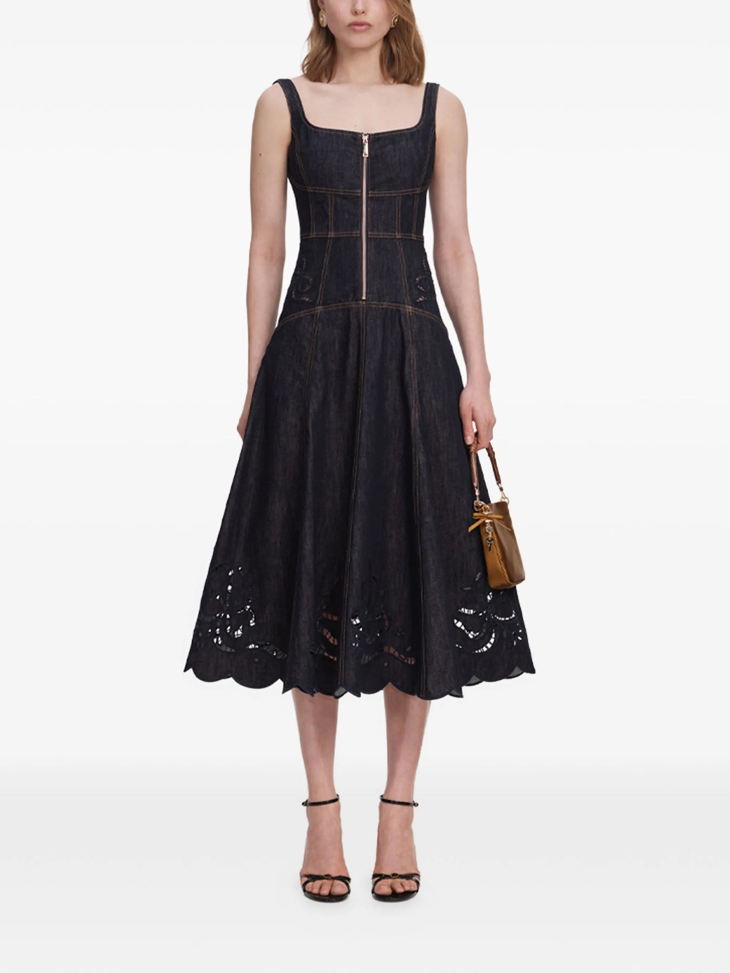 broderie-anglaise flared-hem midi dress