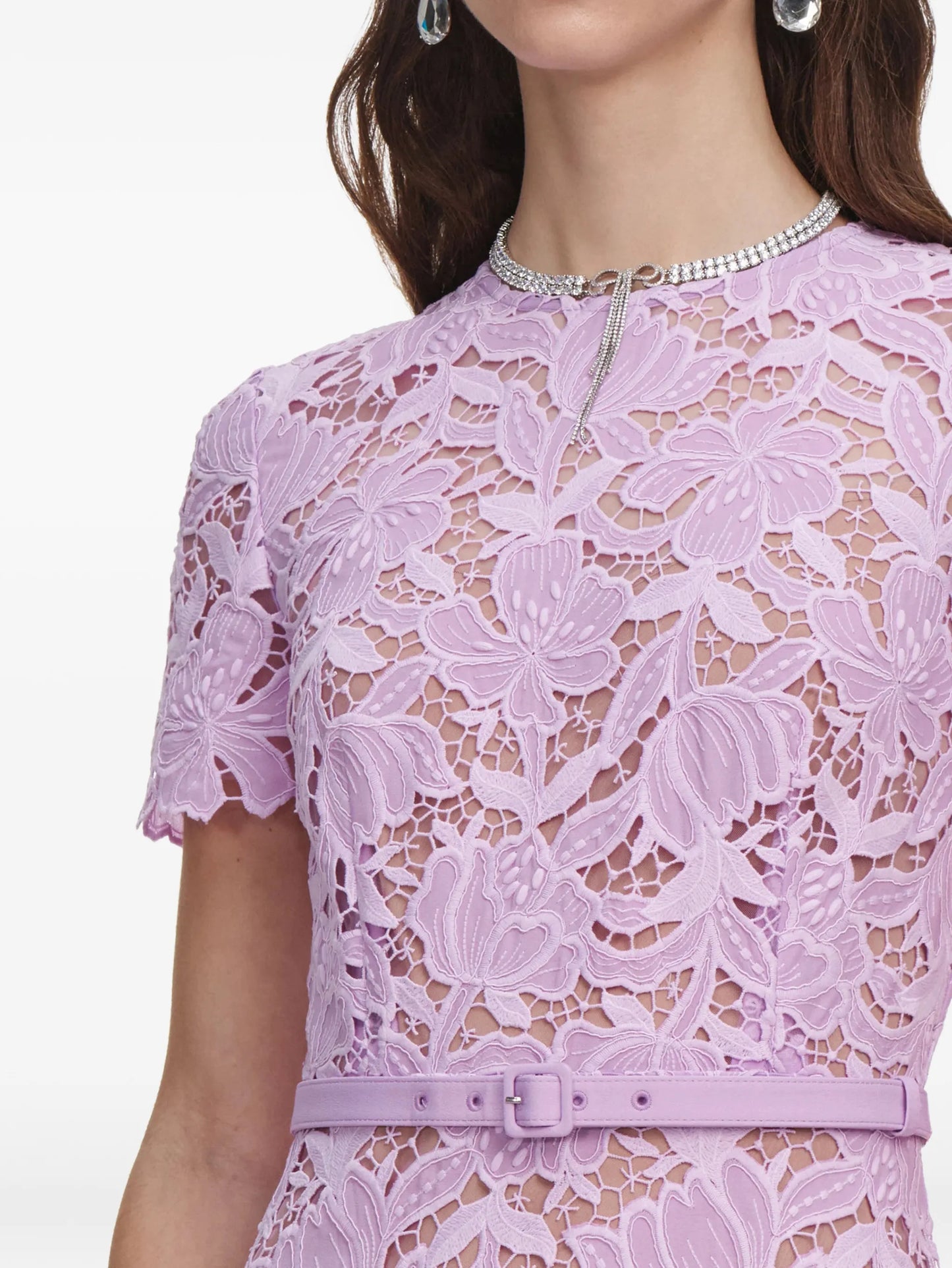 belted floral-lace midi dress