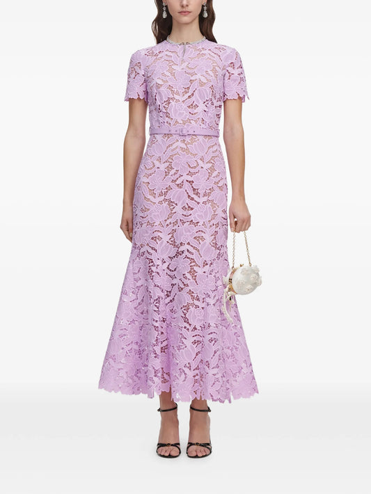 belted floral-lace midi dress