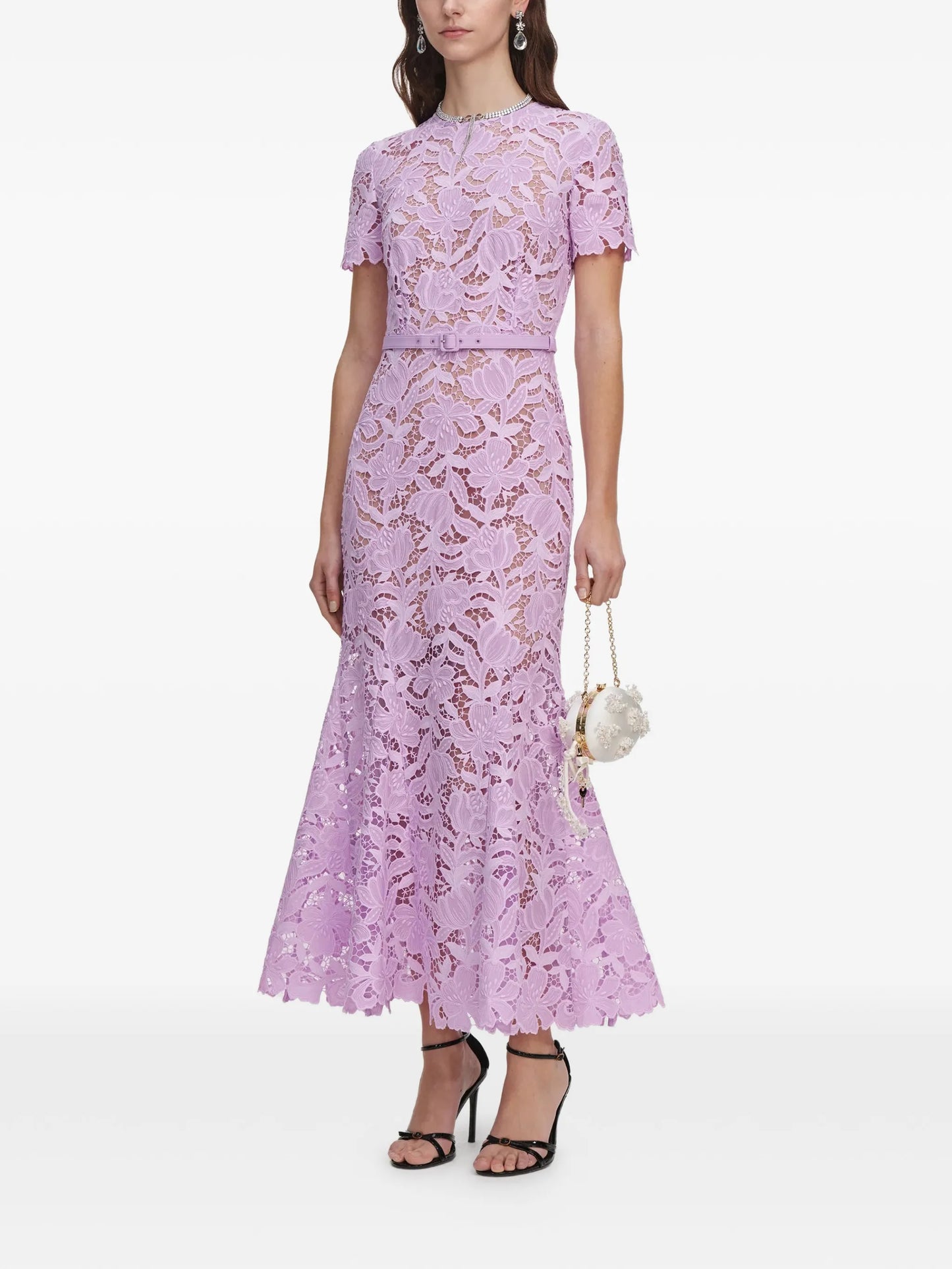 belted floral-lace midi dress