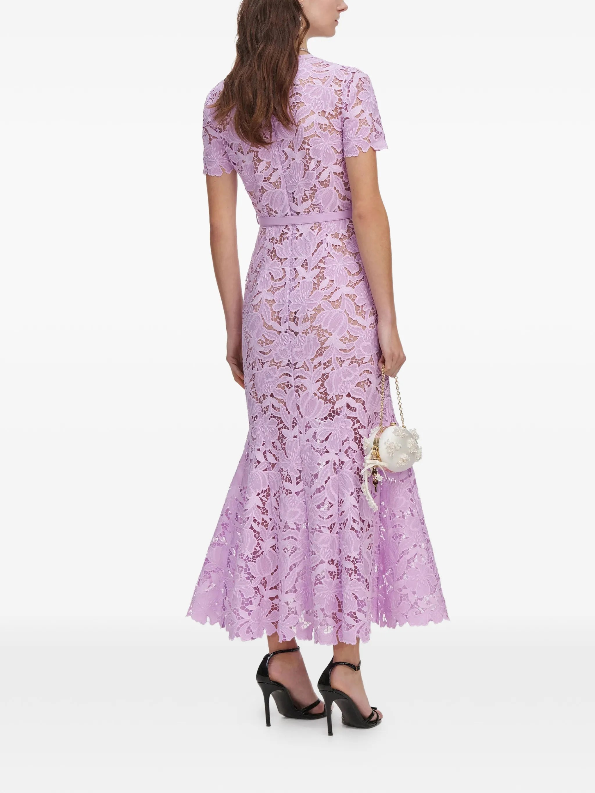belted floral-lace midi dress