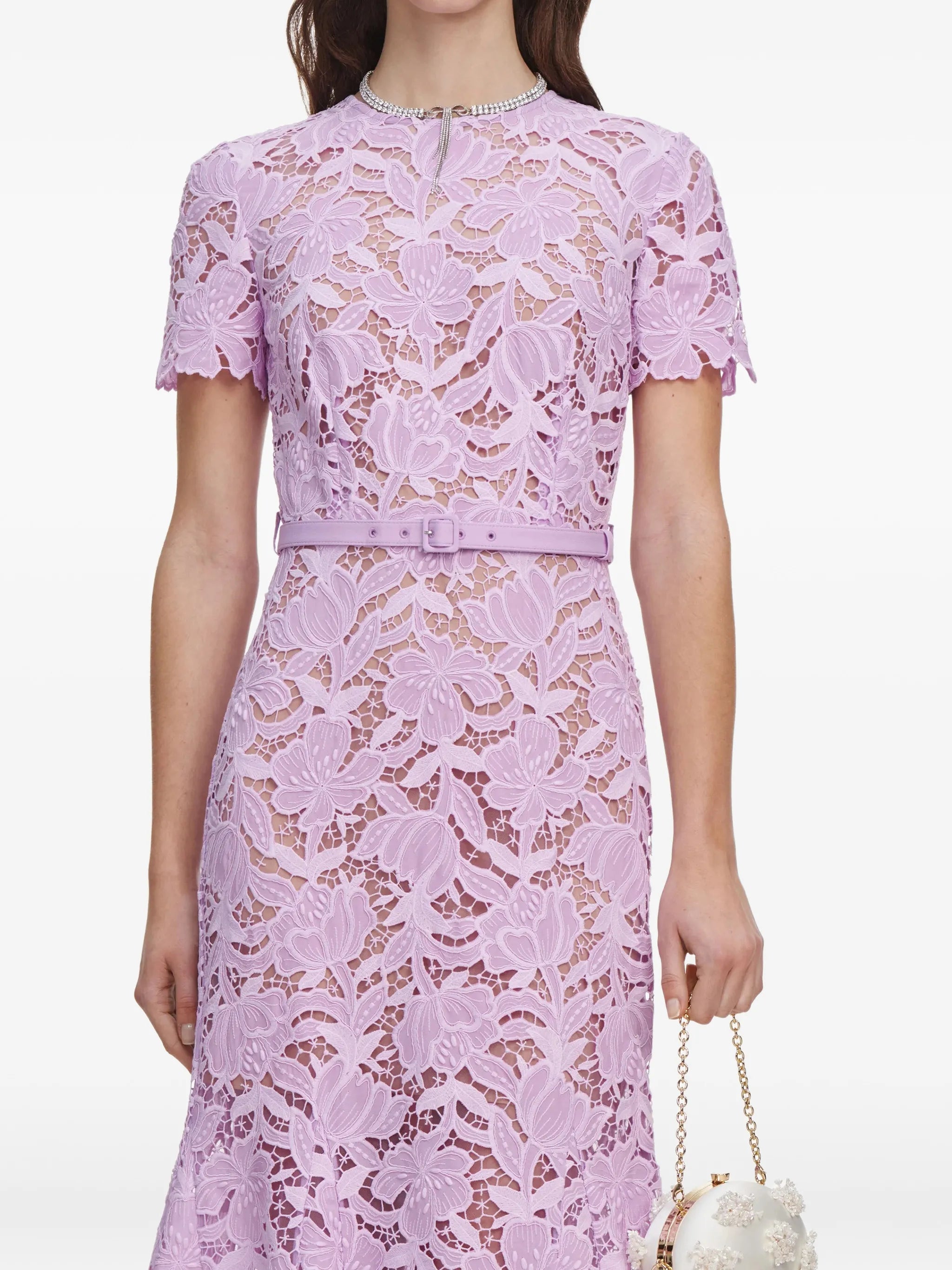 belted floral-lace midi dress