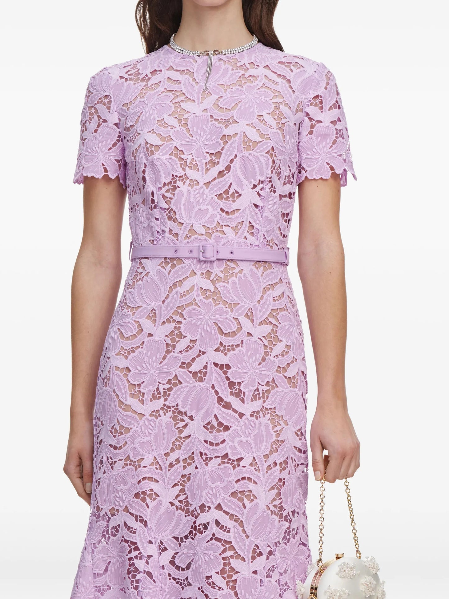 belted floral-lace midi dress