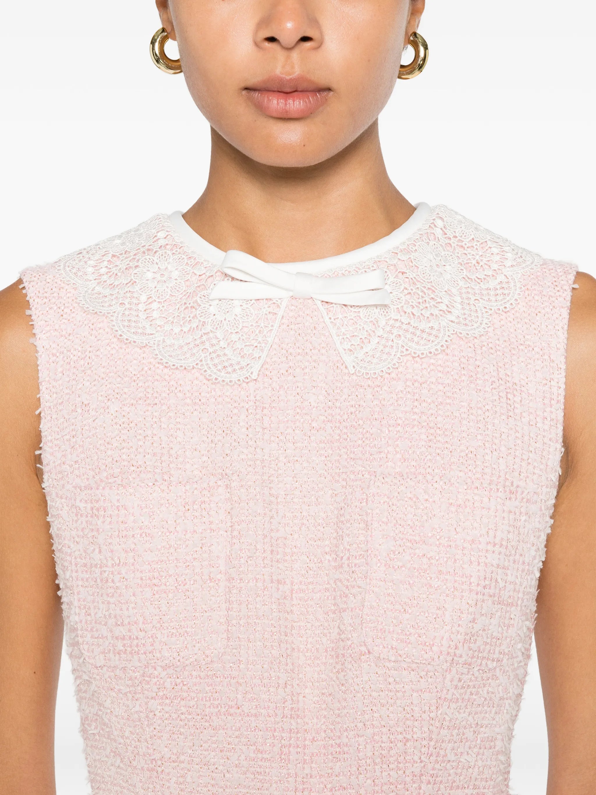 lace-collar bouclé midi dress