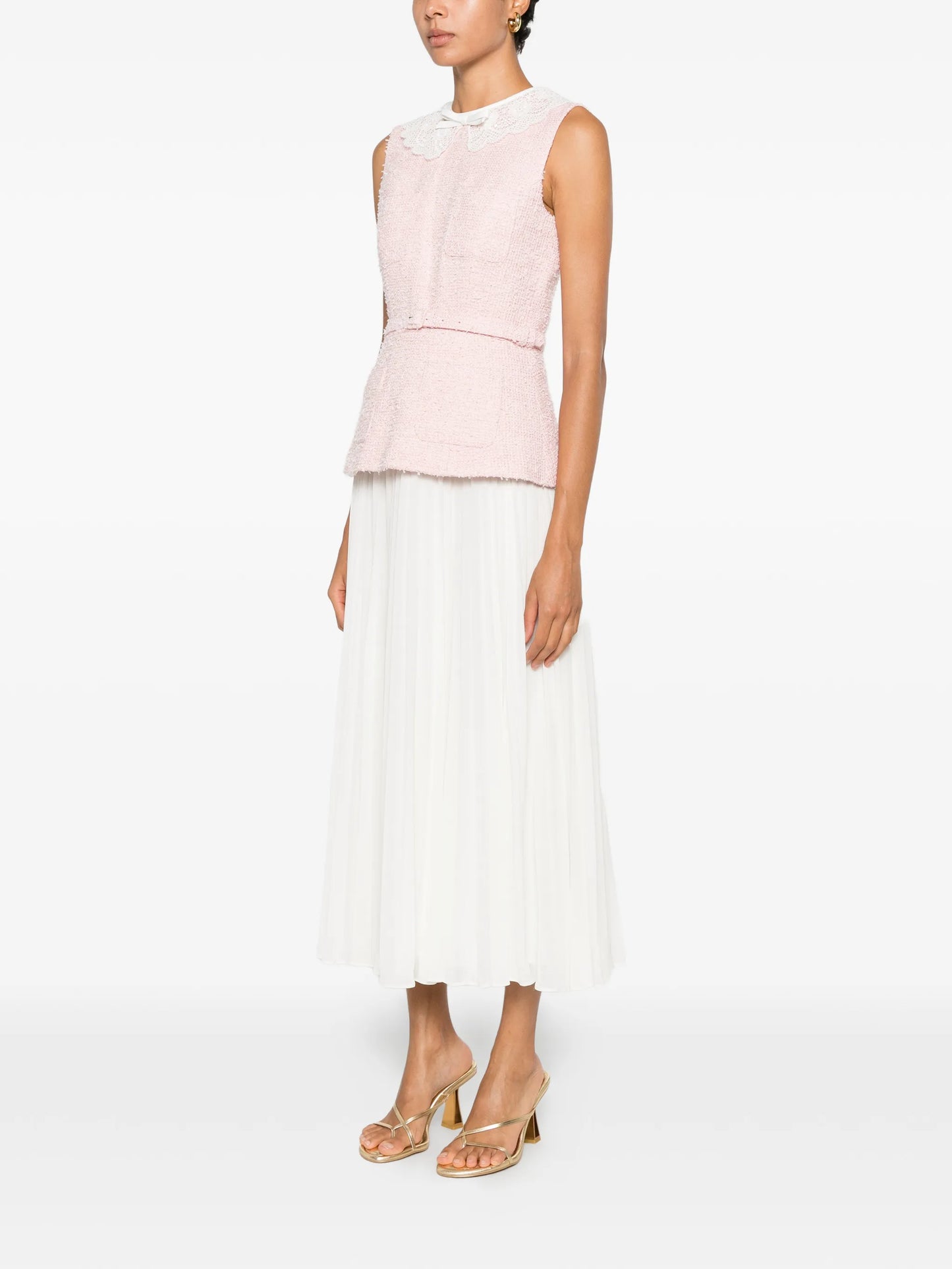 lace-collar bouclé midi dress