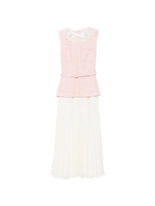 lace-collar bouclé midi dress