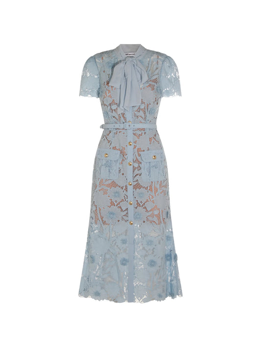 belted floral-lace midi dress
