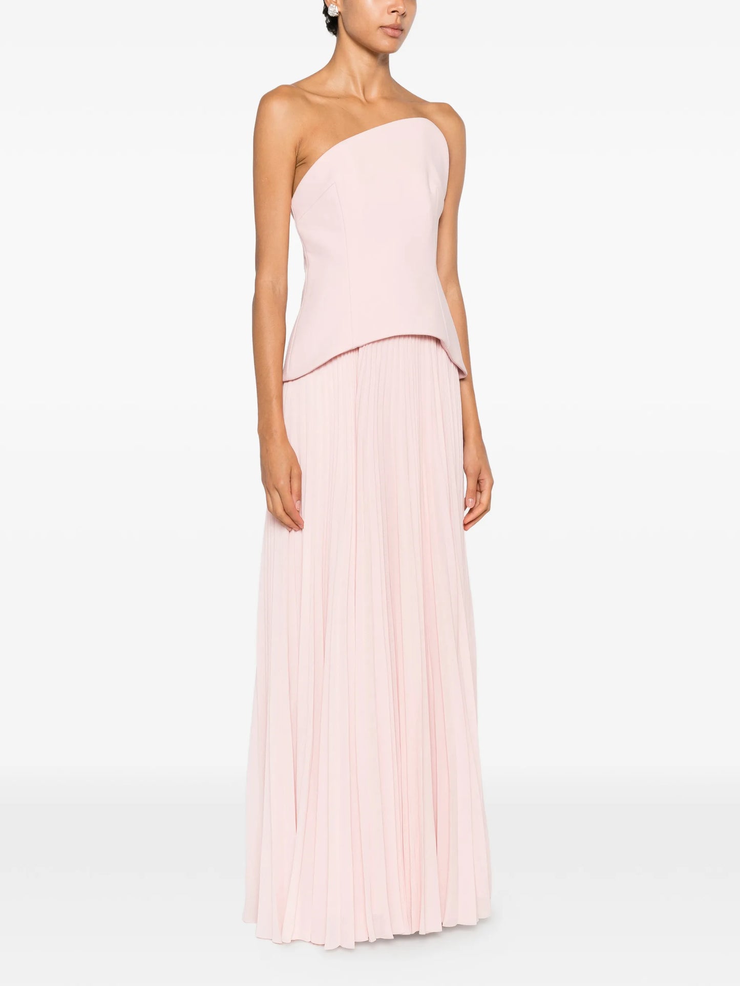 pleated strapless maxi dress