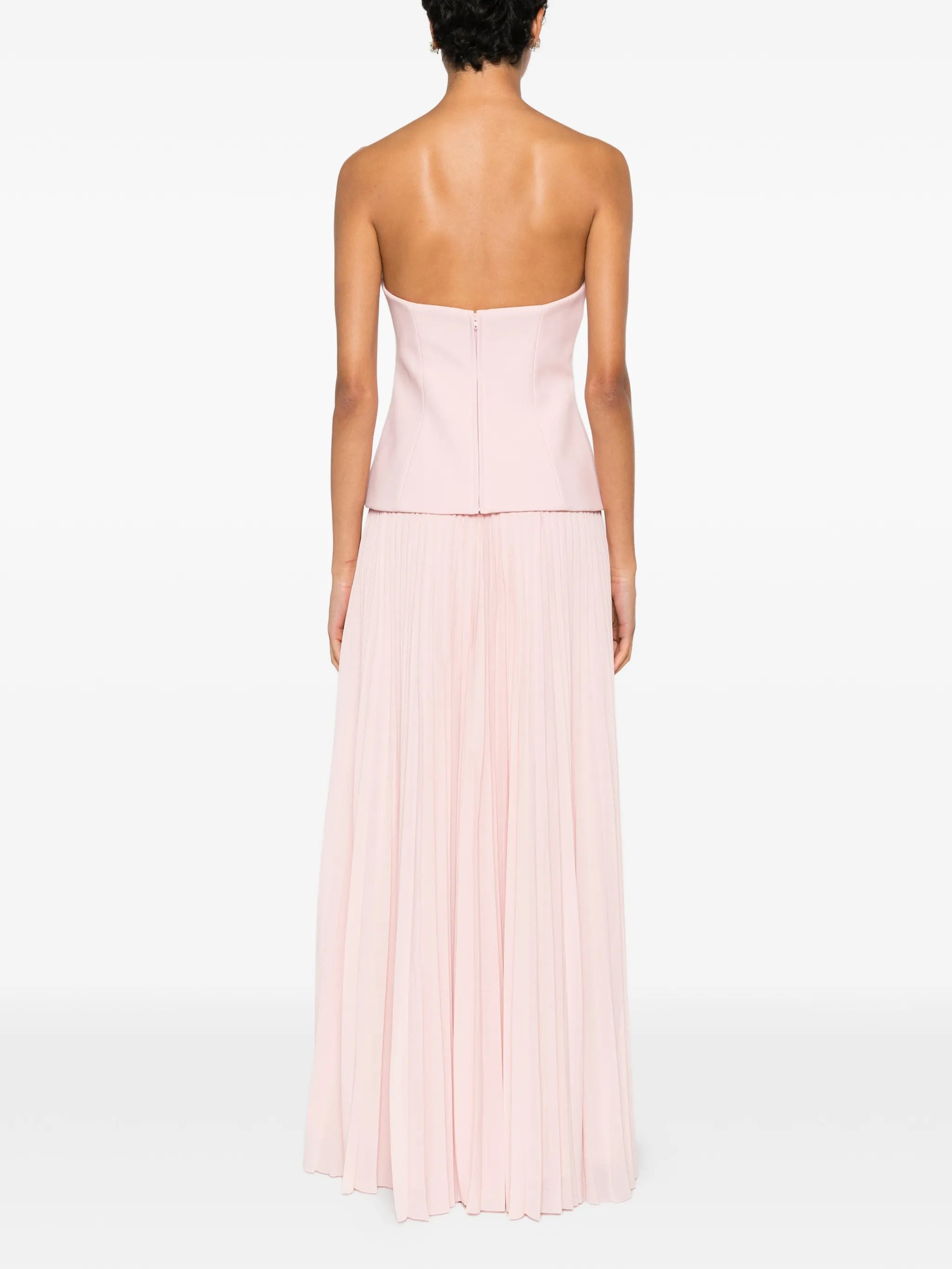 pleated strapless maxi dress