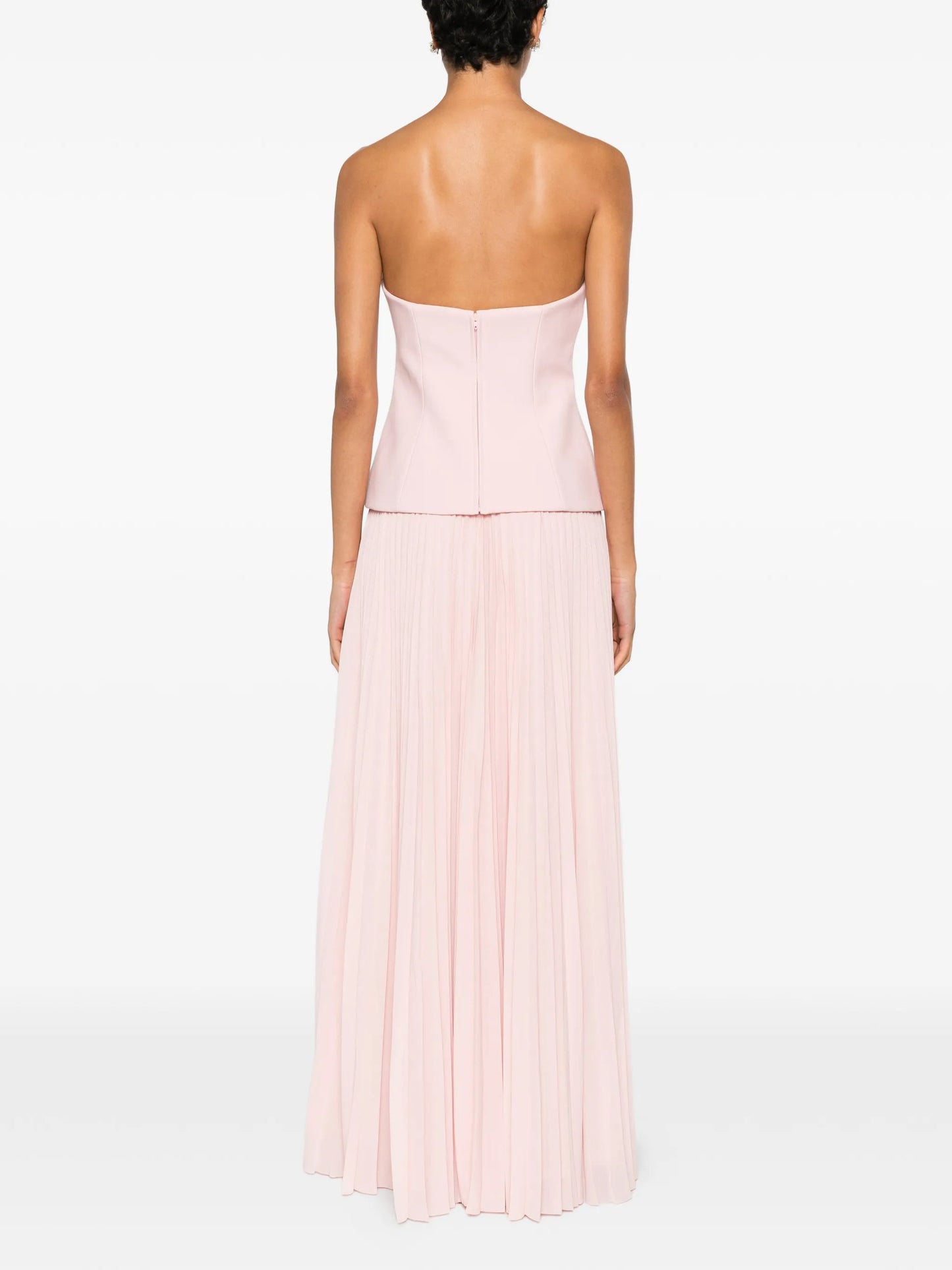 pleated strapless maxi dress