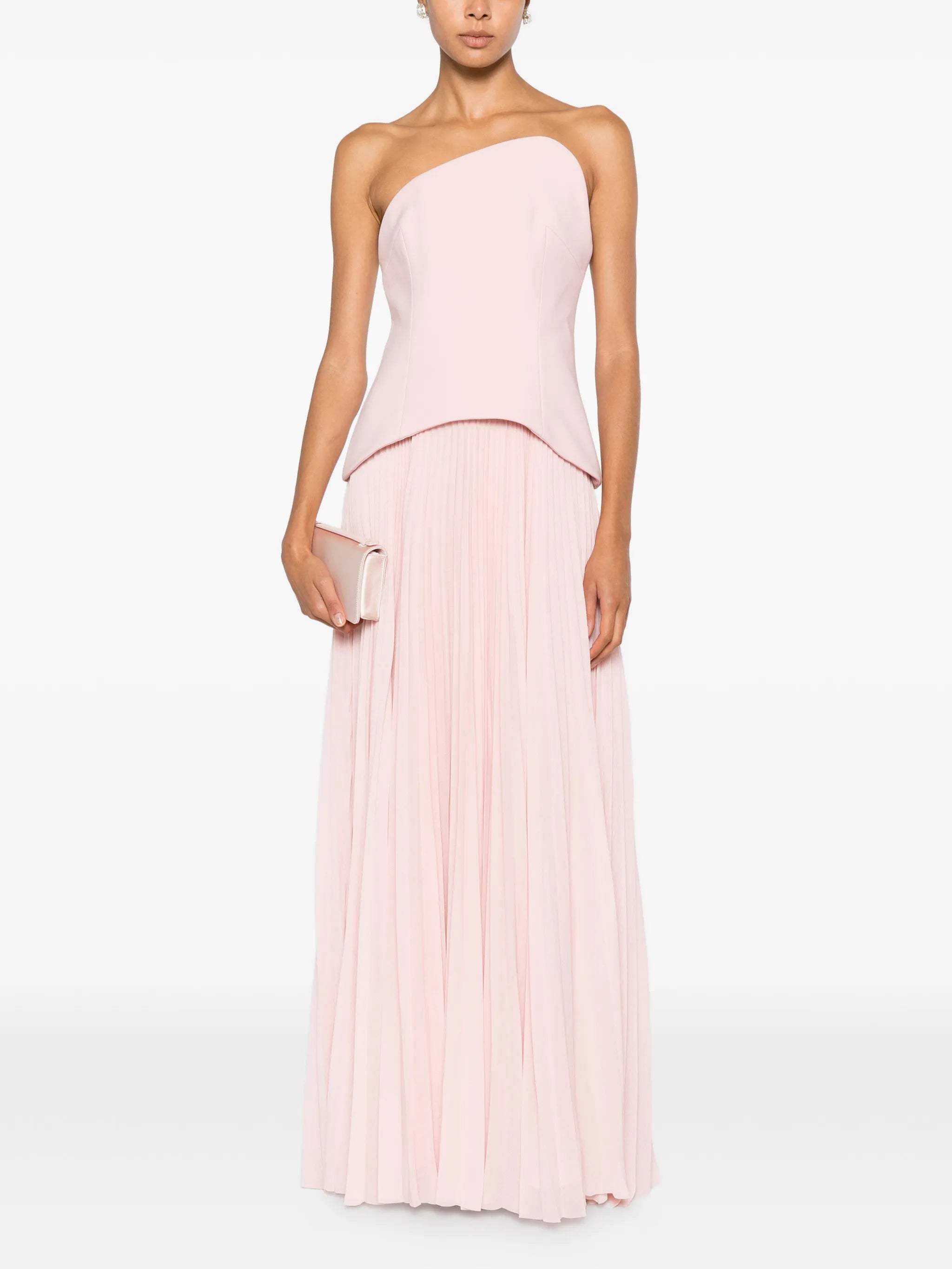 pleated strapless maxi dress