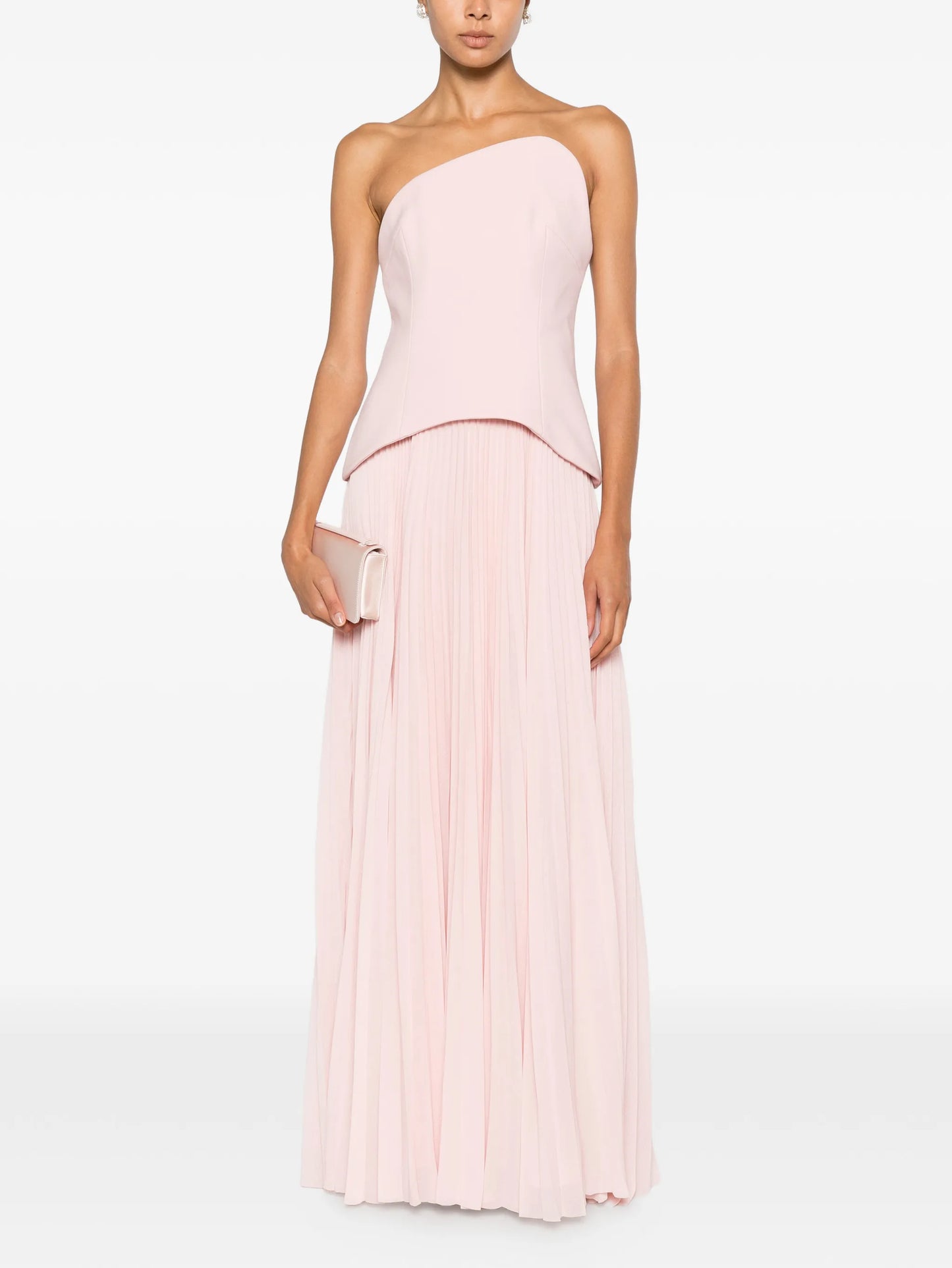 pleated strapless maxi dress