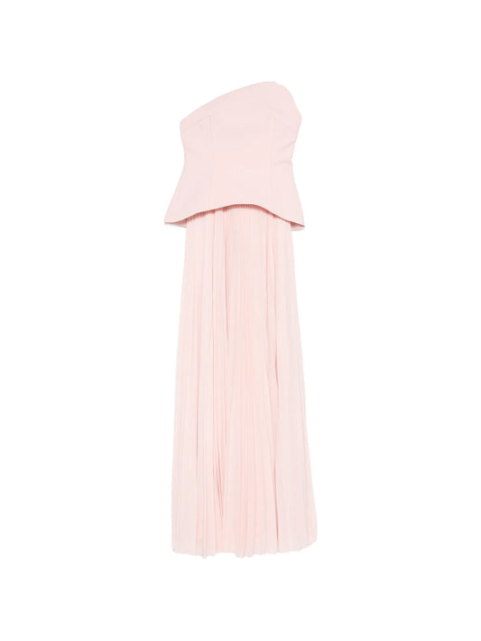 pleated strapless maxi dress