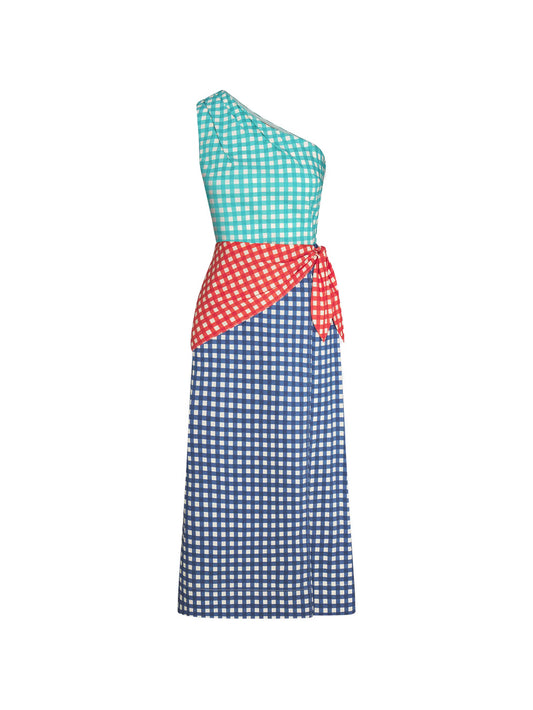 Belem gingham-check one-shoulder midi dress