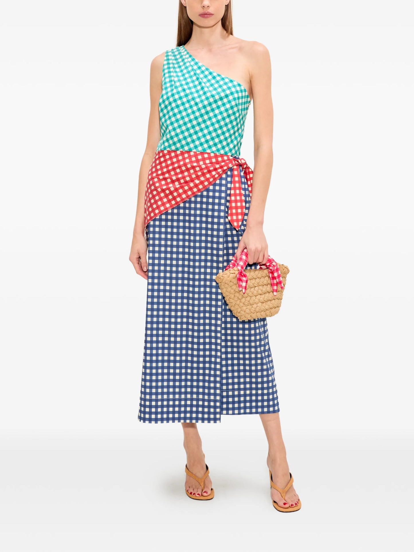Belem gingham-check one-shoulder midi dress
