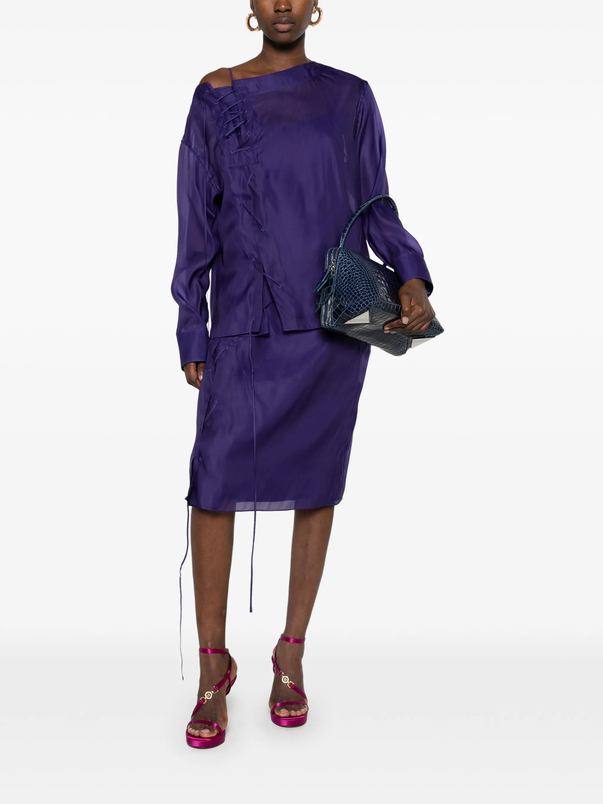 lace-up sheer midi straight skirt