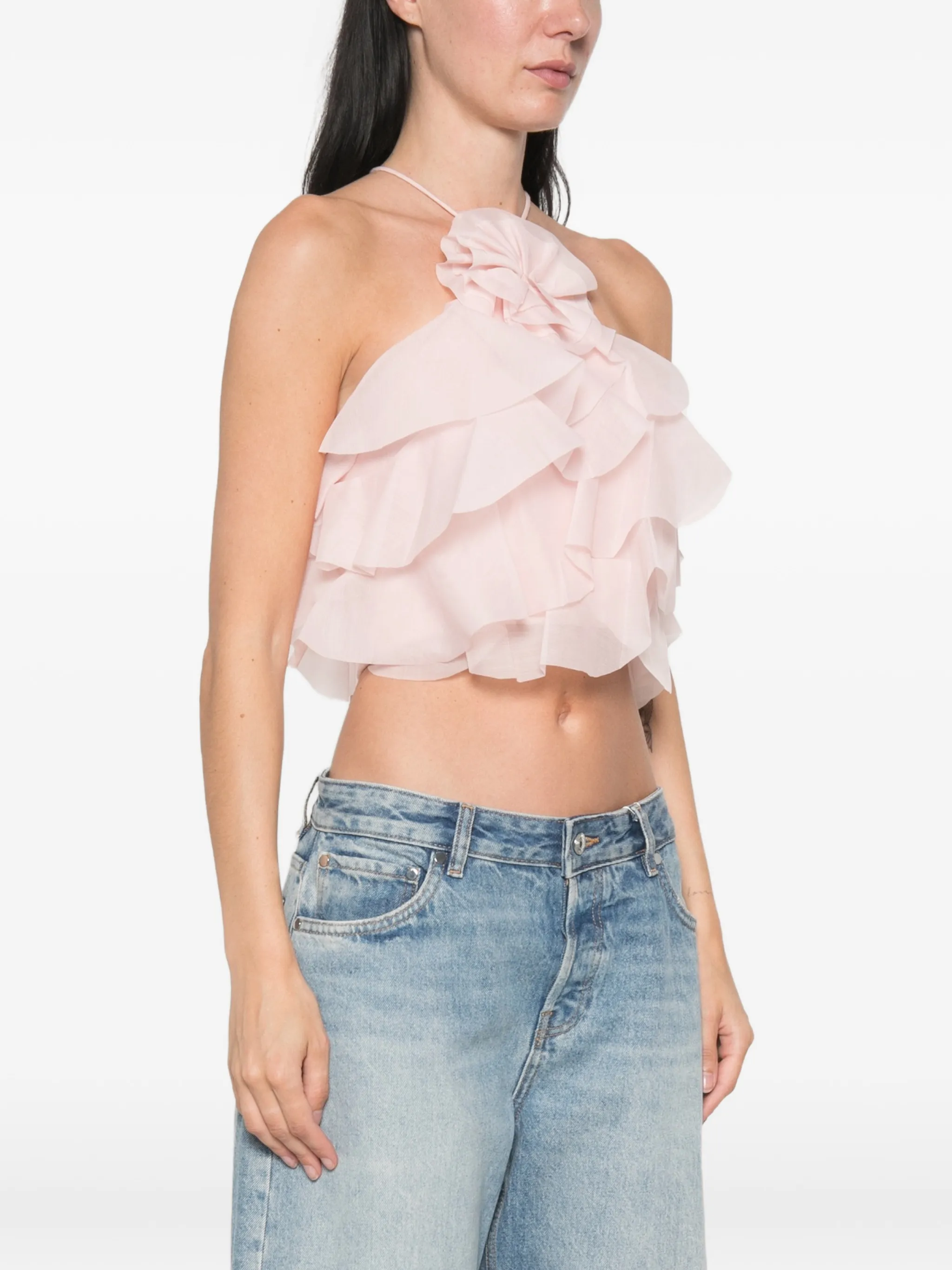 Villa ruffled floral-appliqué top