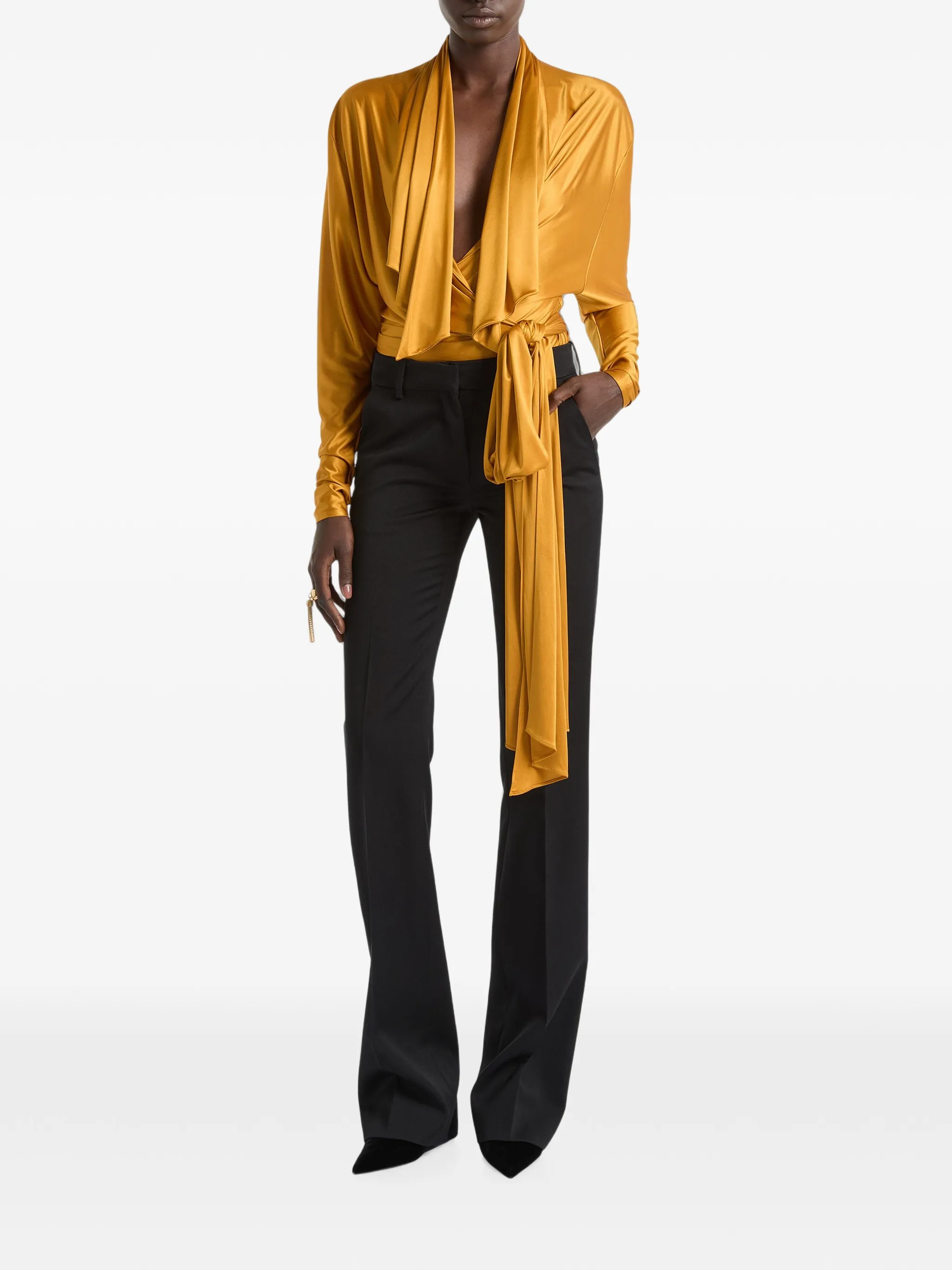 low-waisted wool satin trousers