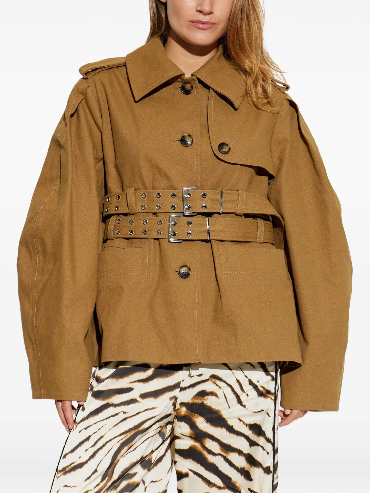 double-belted pleated-sleeve coat
