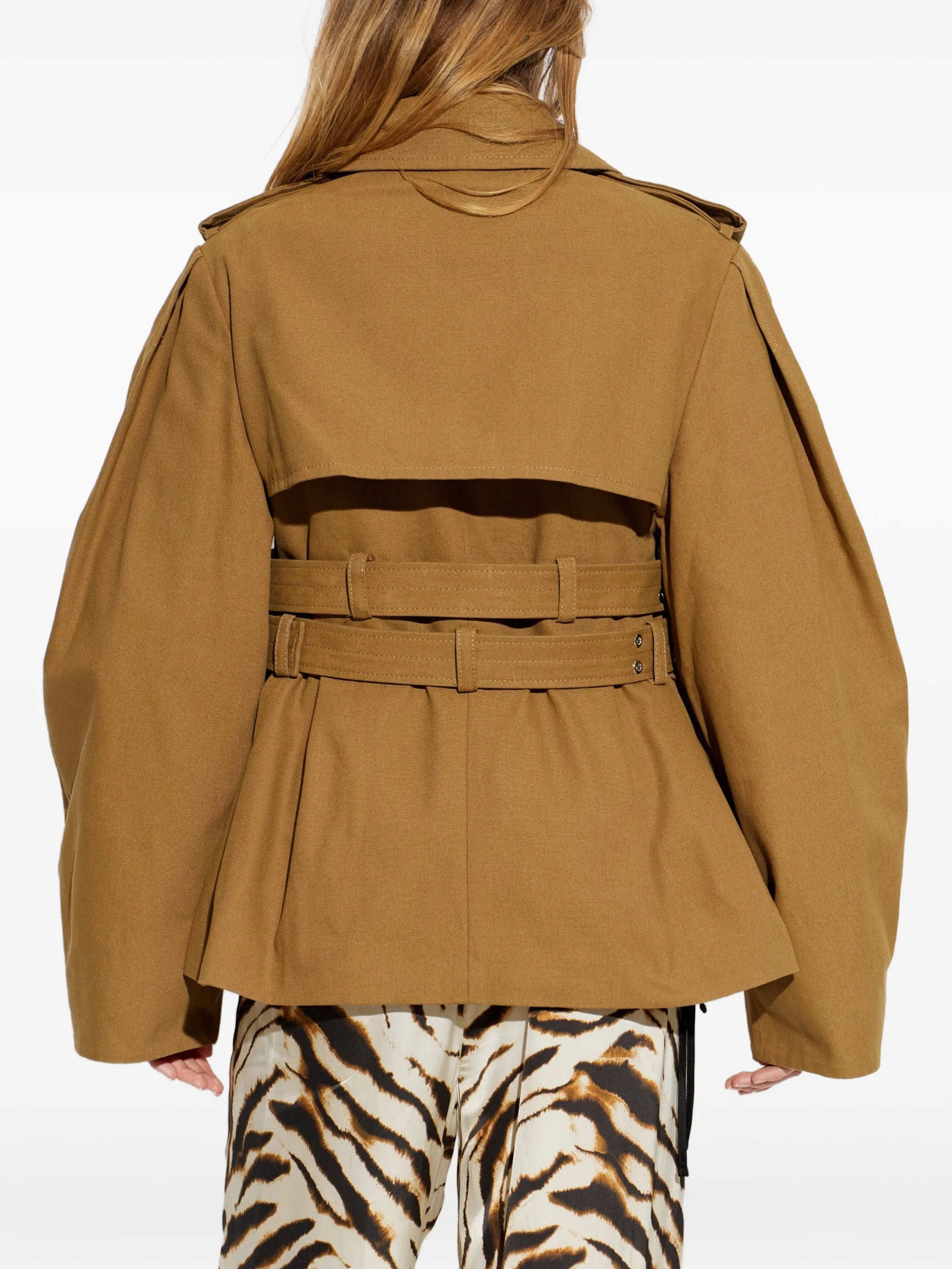 double-belted pleated-sleeve coat