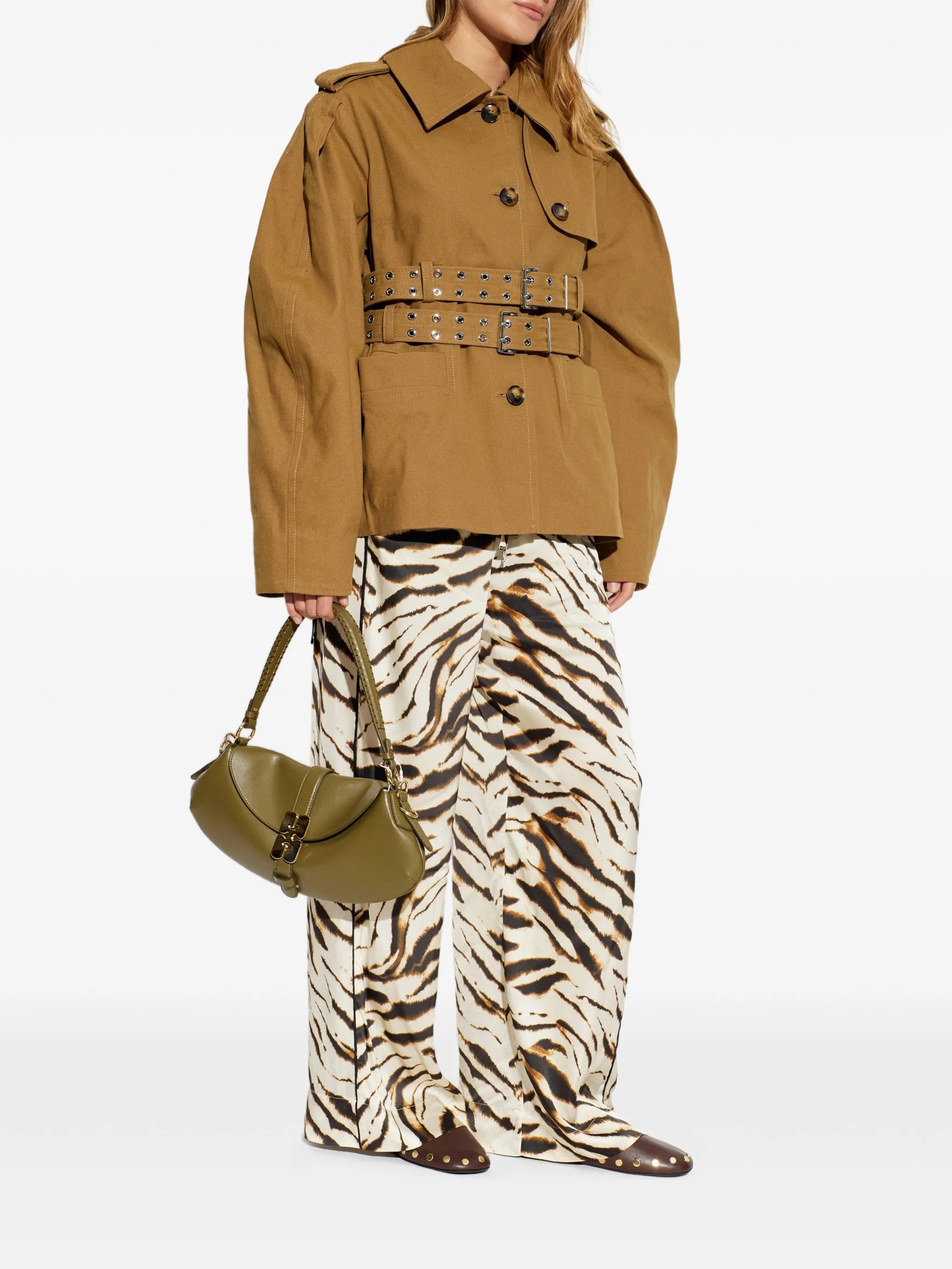 double-belted pleated-sleeve coat