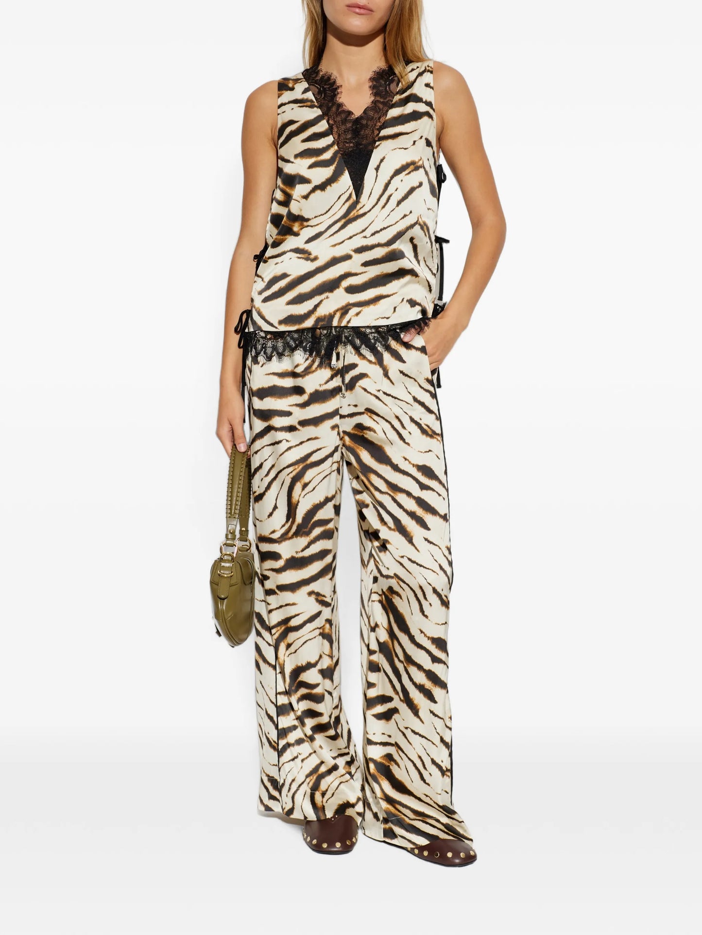 animal-print lace-trim top