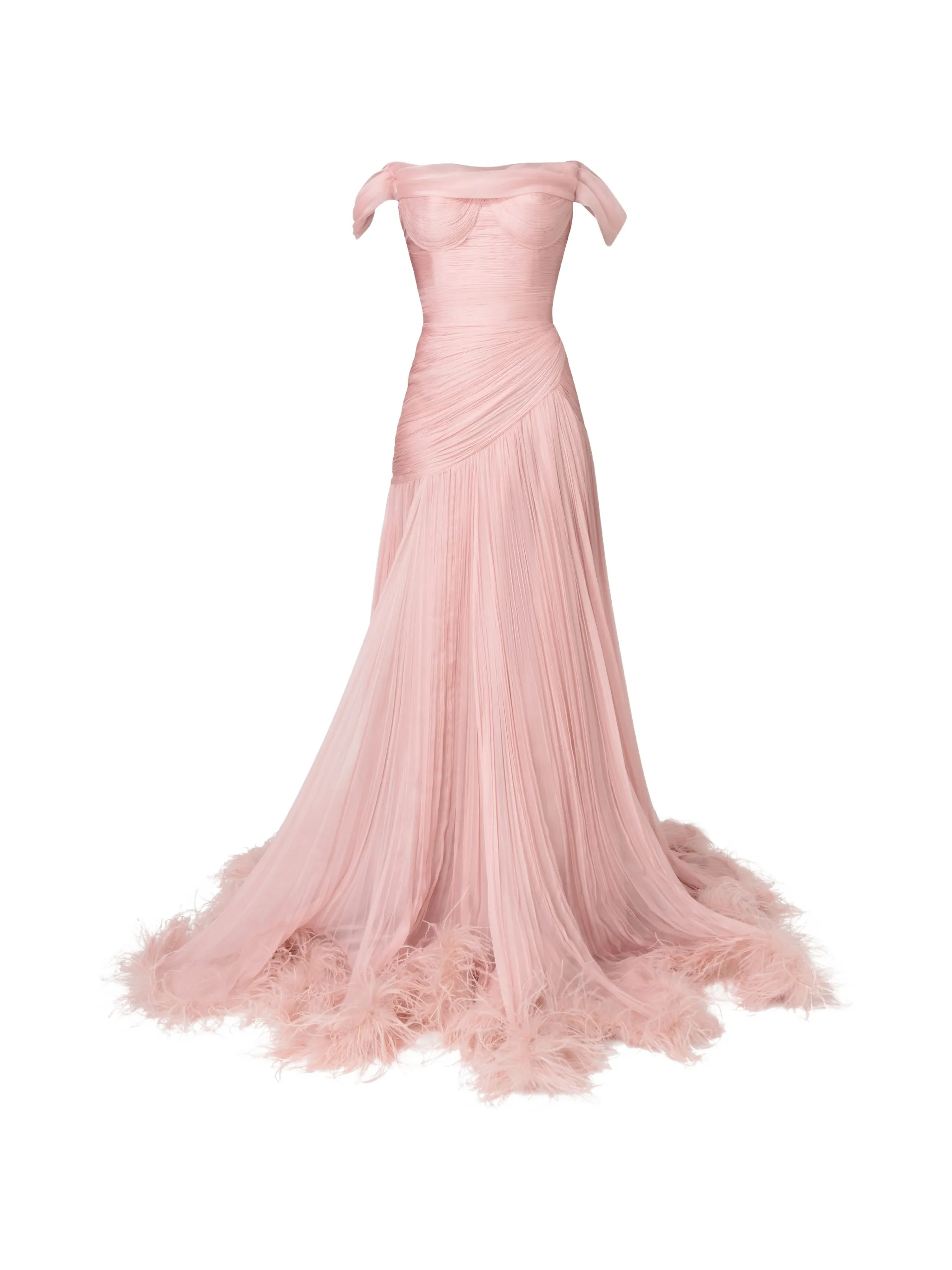 Petal flare silk gown with off-shoulder sleeves and feathers trim