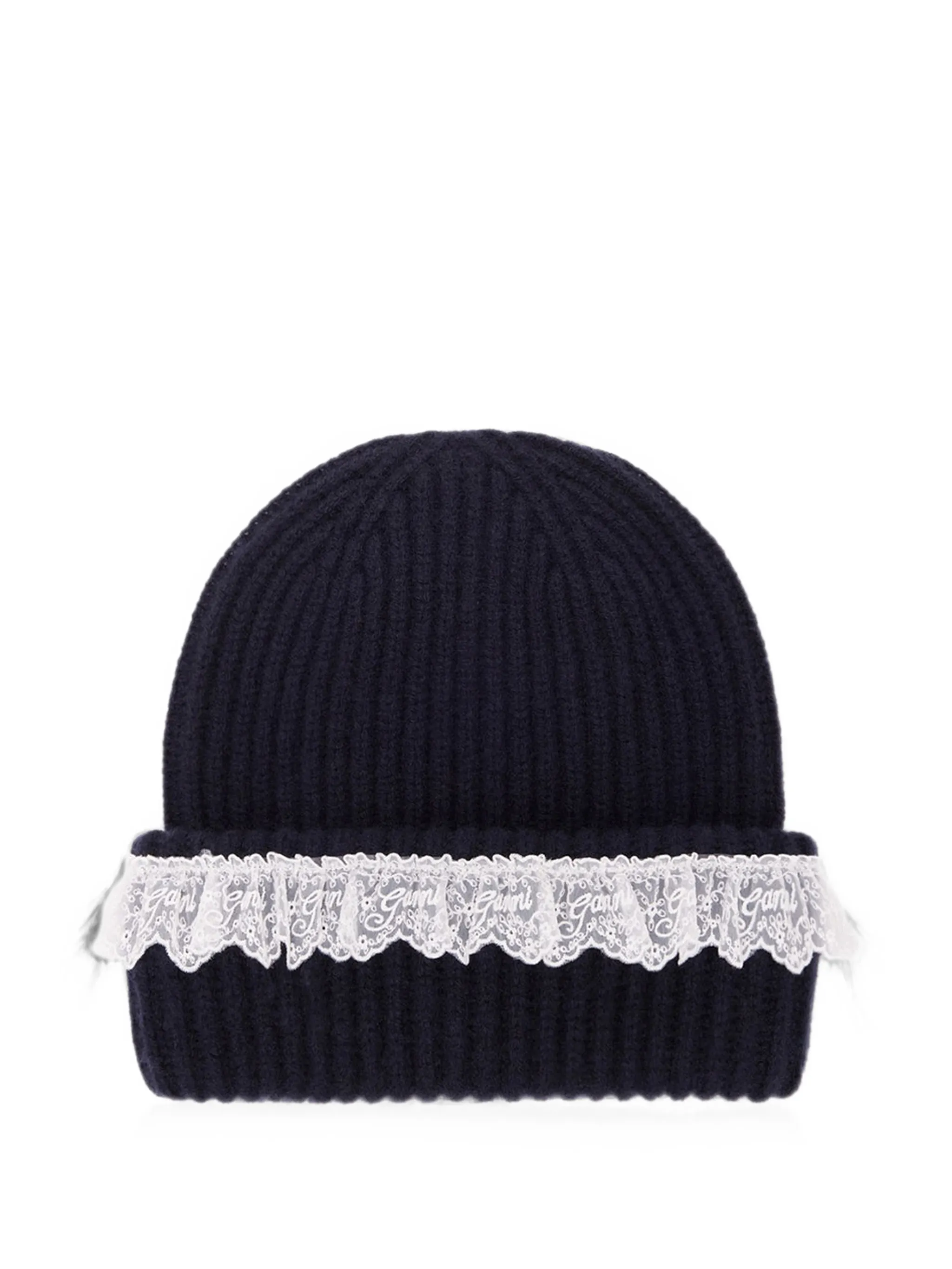 lace-trim ribbed beanie hat