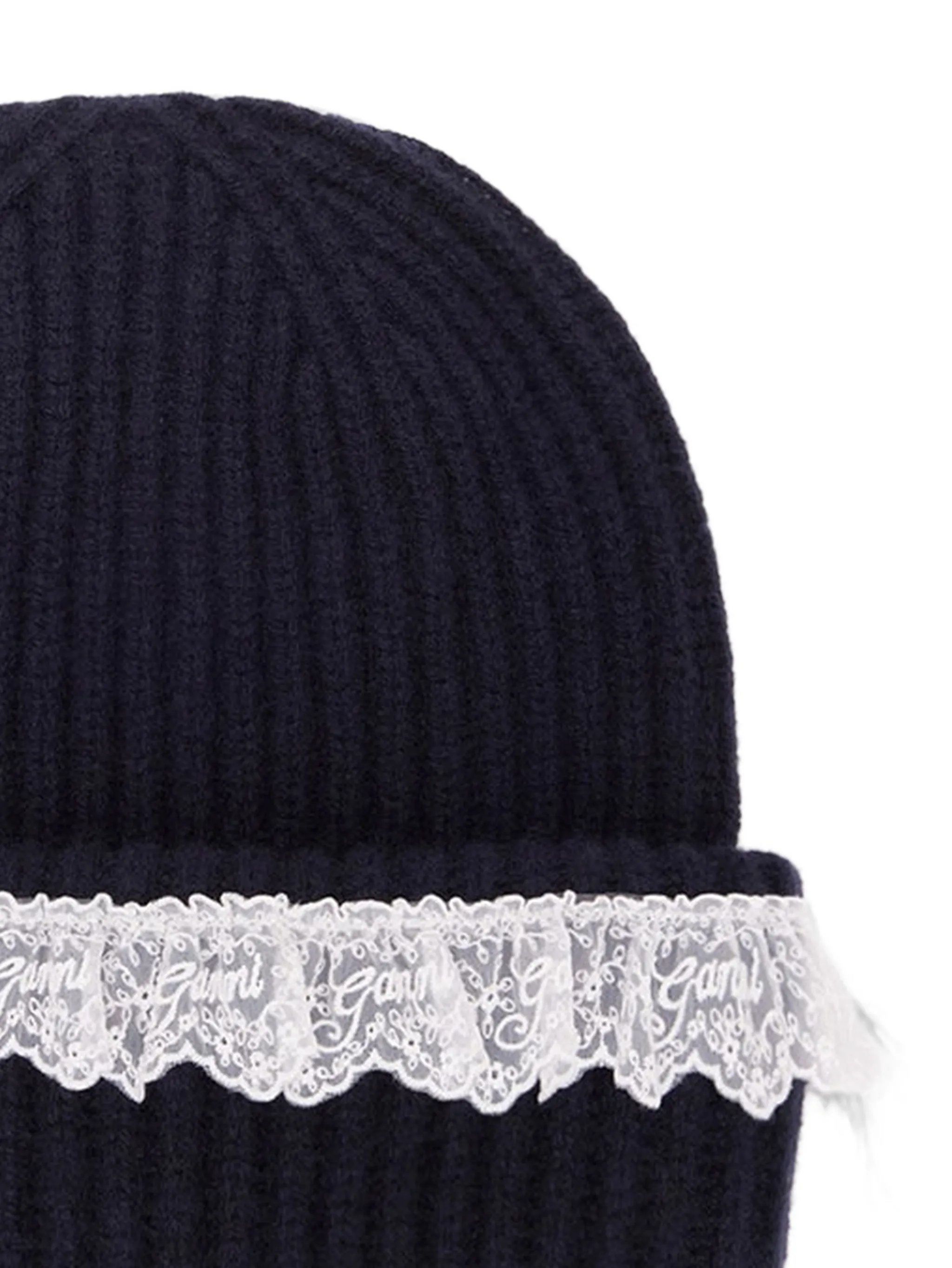 lace-trim ribbed beanie hat