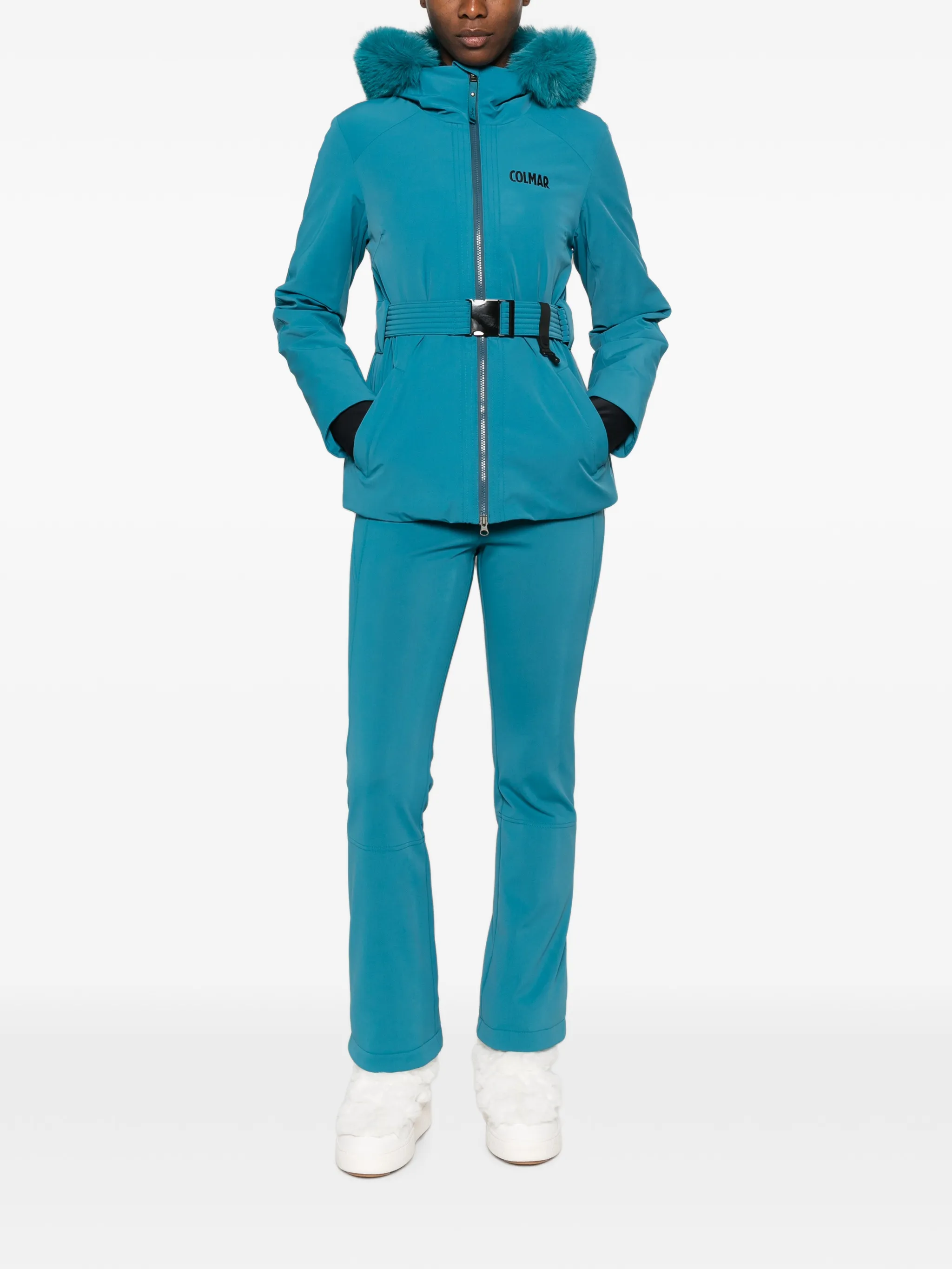 belted faux-fur-trim ski jacket