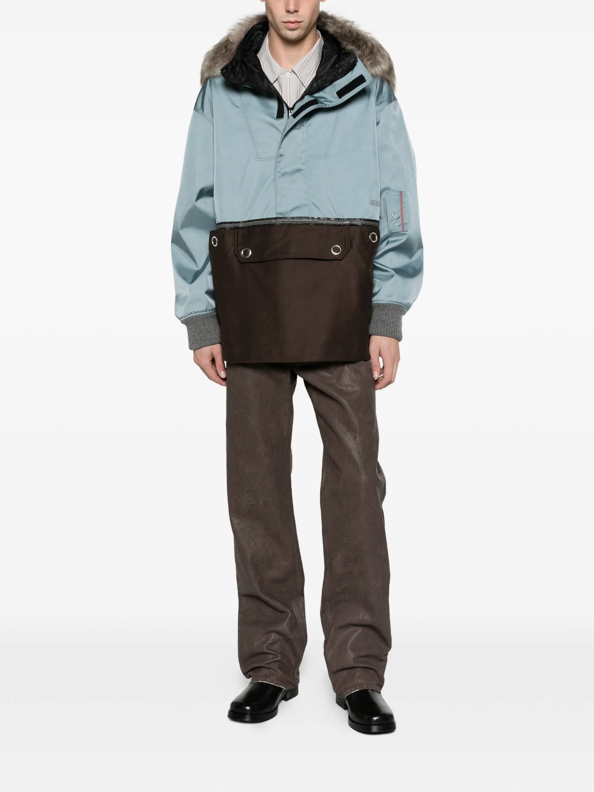 gray nylon half-zip jacket with fur collar