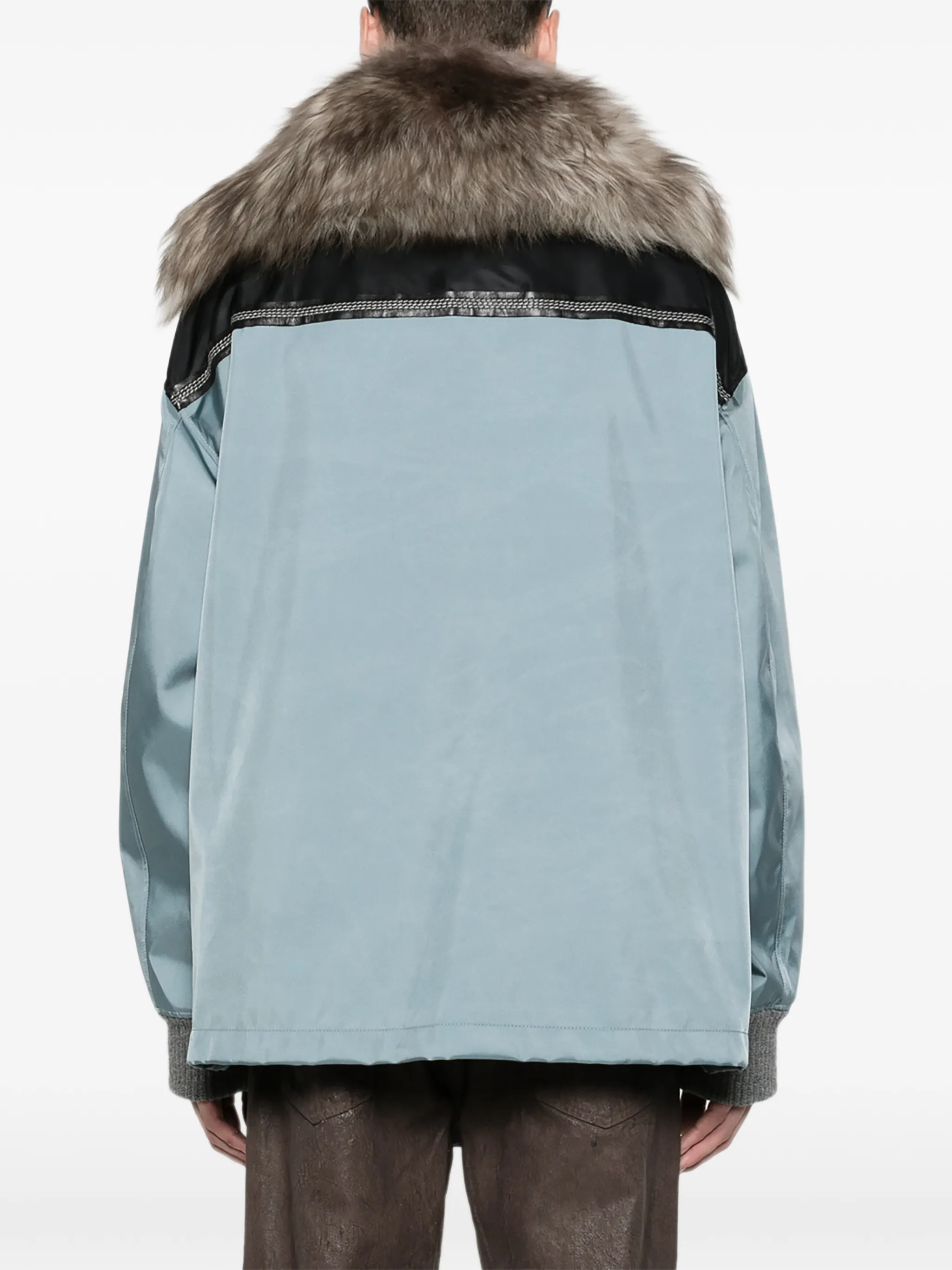gray nylon half-zip jacket with fur collar