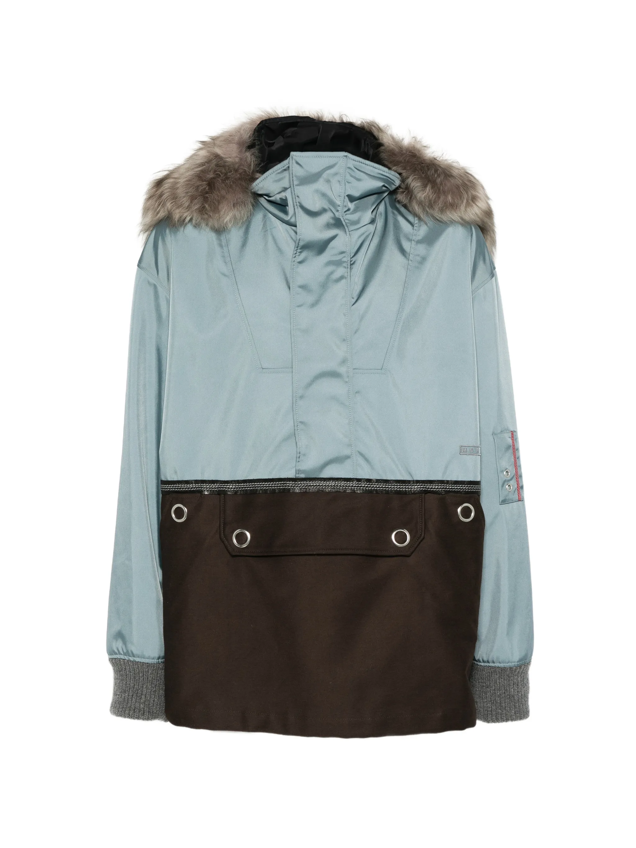 gray nylon half-zip jacket with fur collar