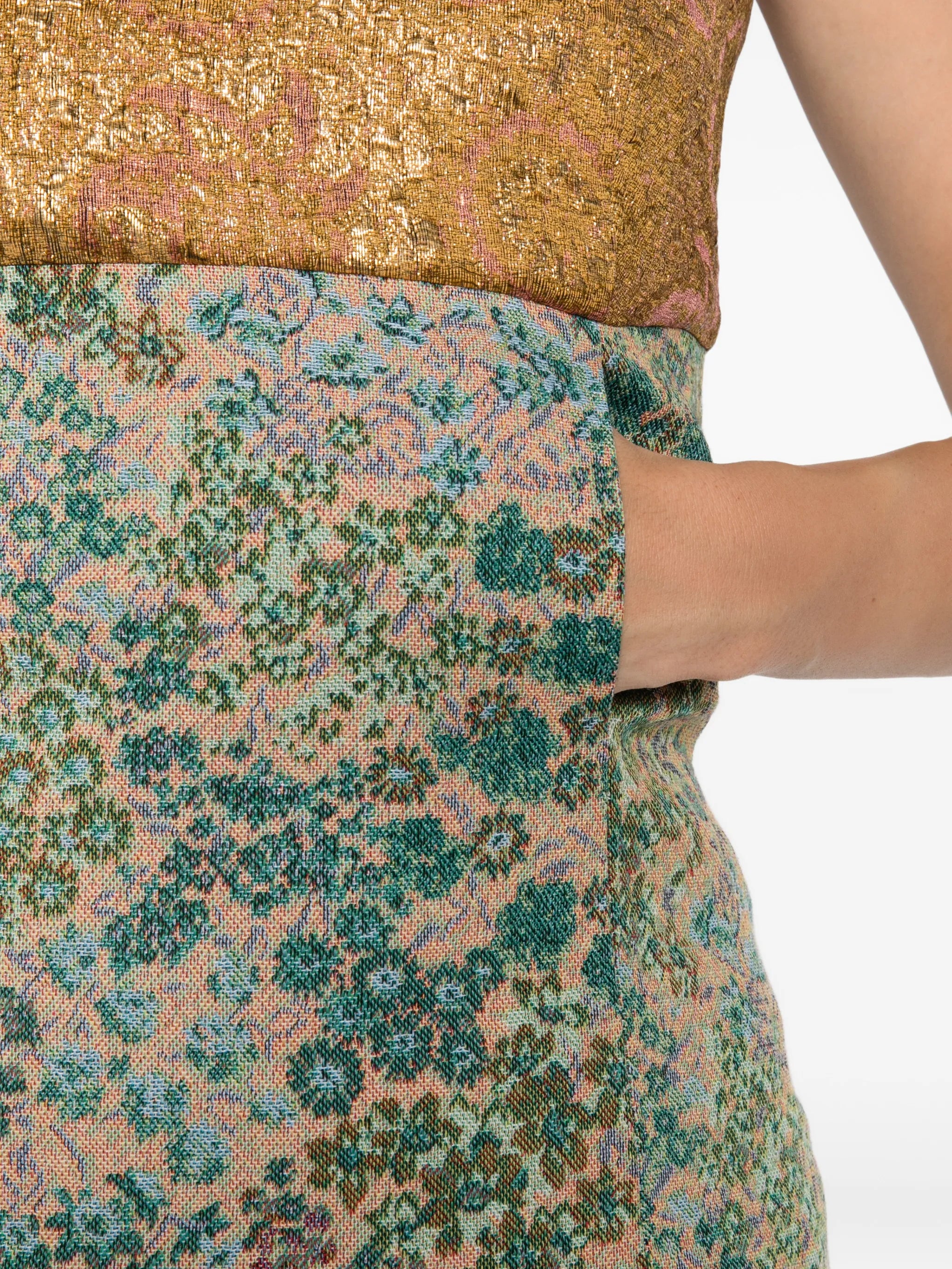 floral-jacquard metallic strapless top