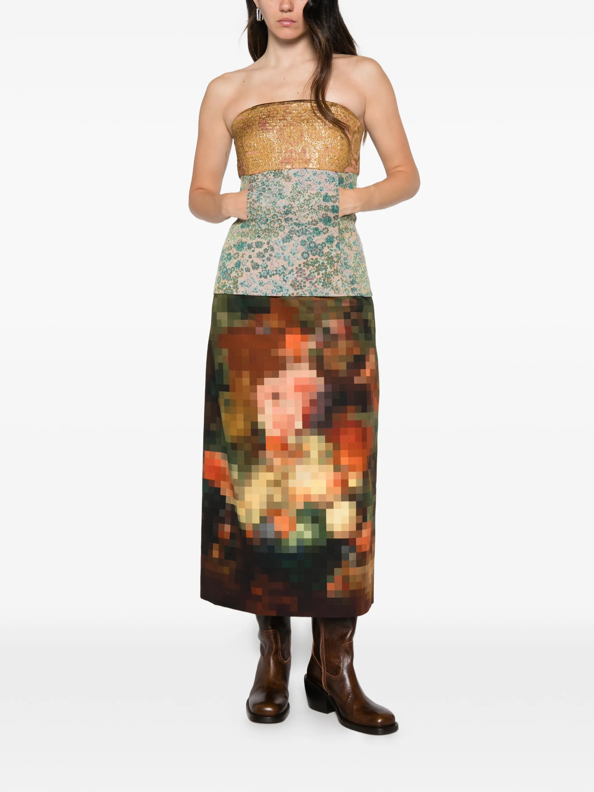 floral-jacquard metallic strapless top