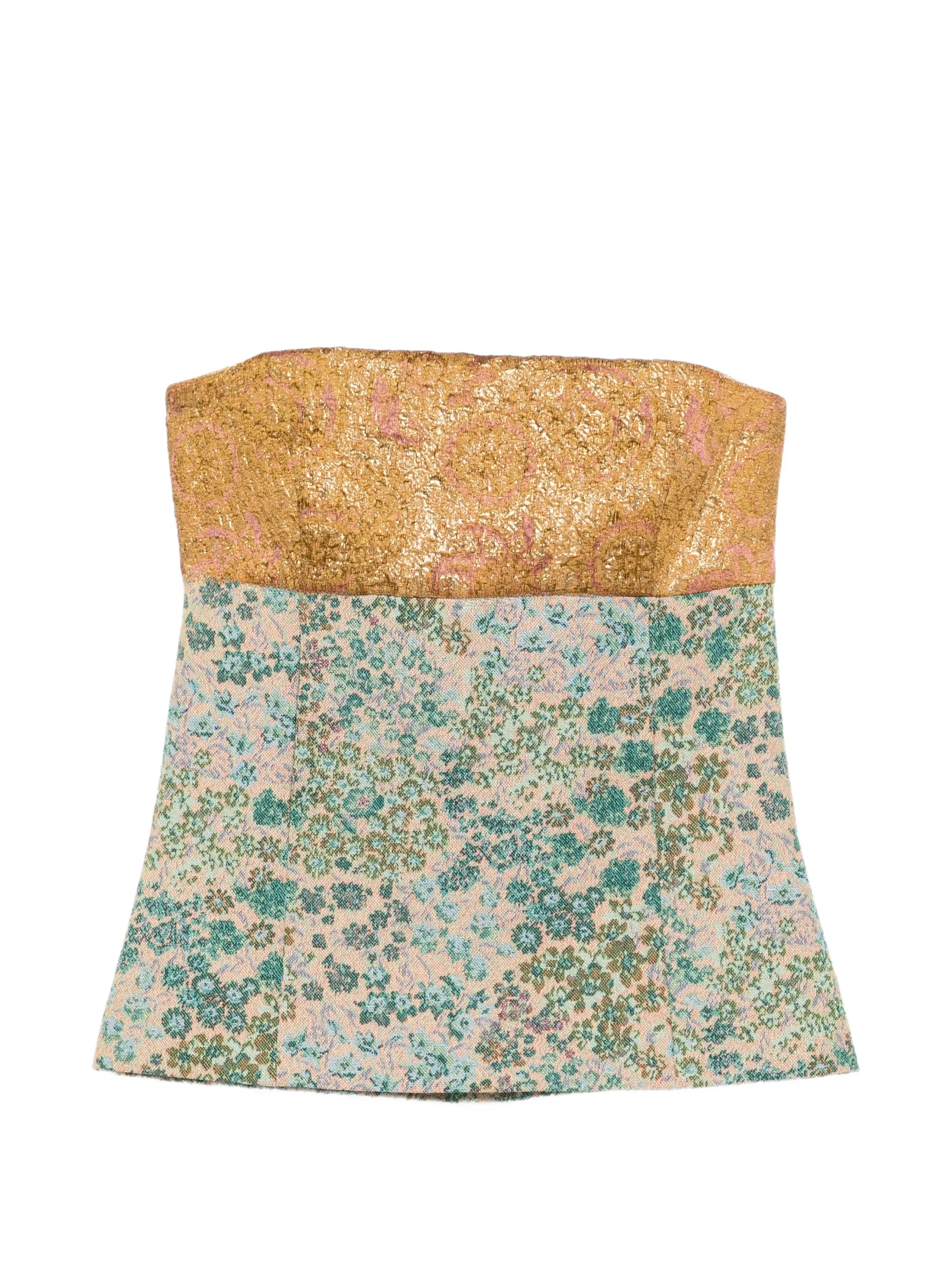 floral-jacquard metallic strapless top
