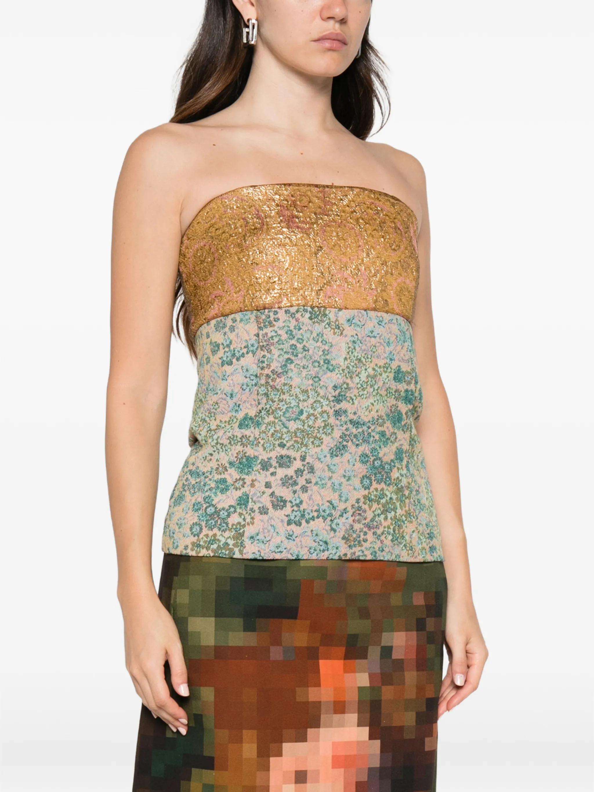 floral-jacquard metallic strapless top