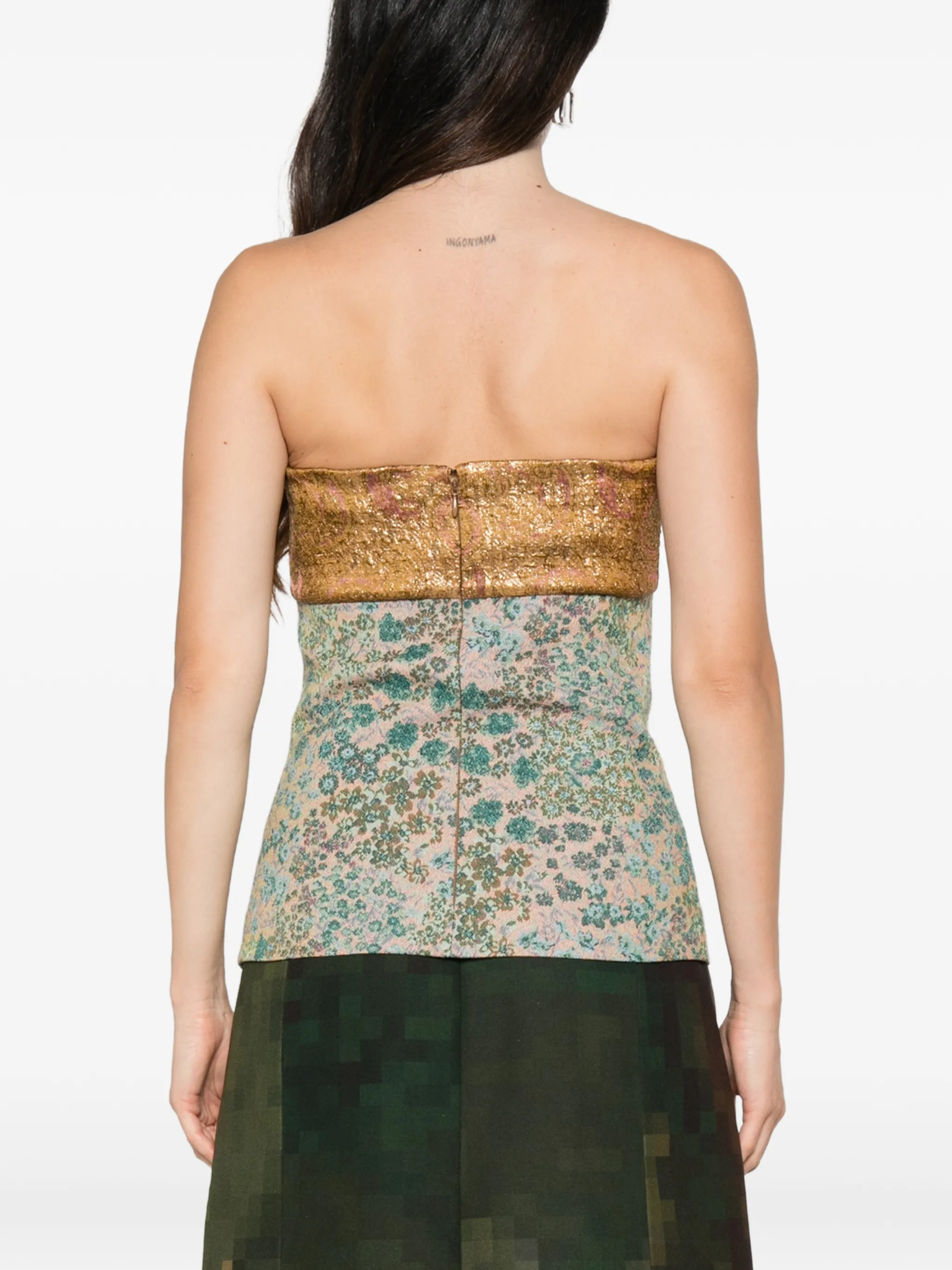floral-jacquard metallic strapless top