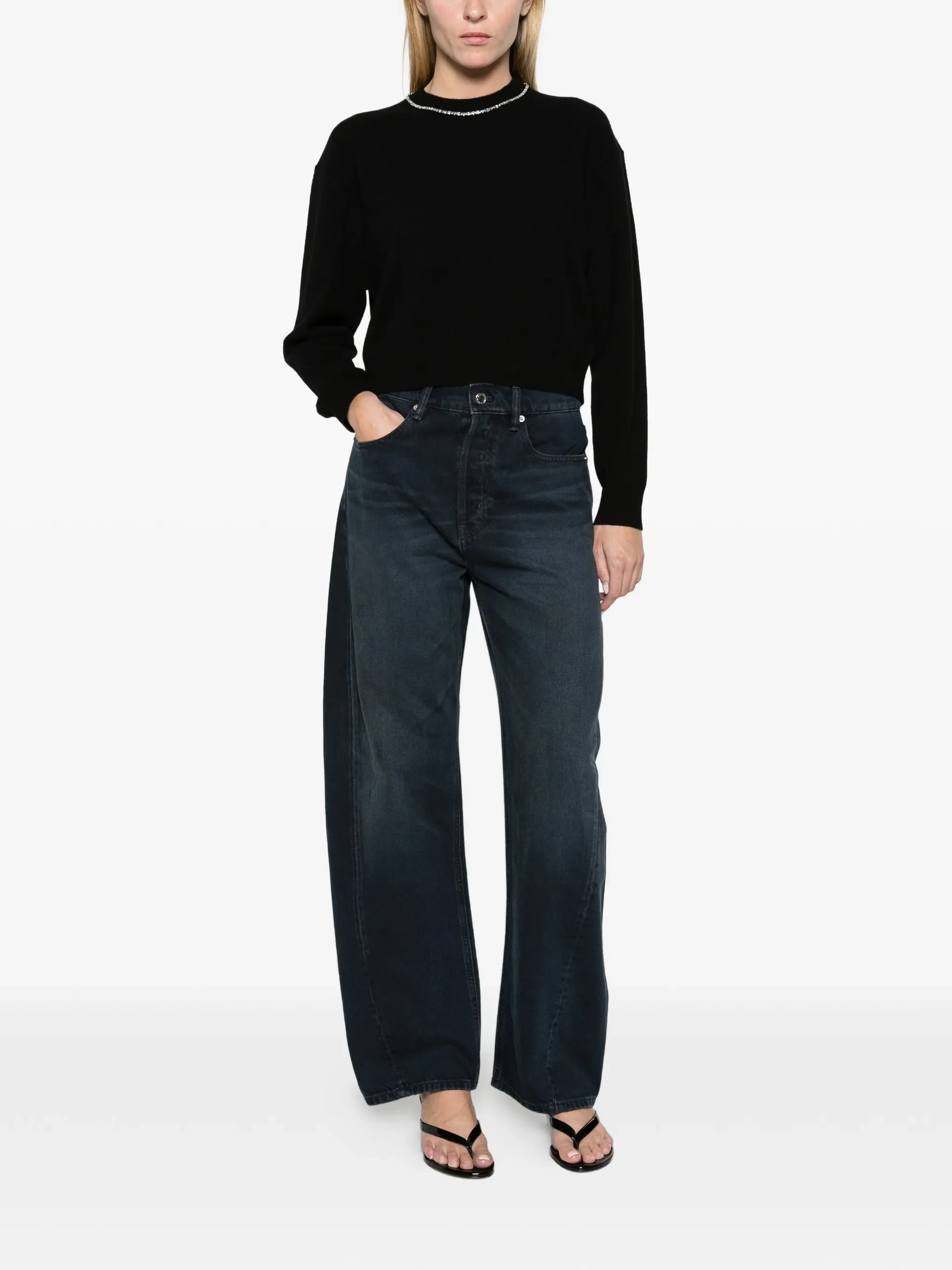 float mid-rise relaxed crystal hotfix logo fly jeans