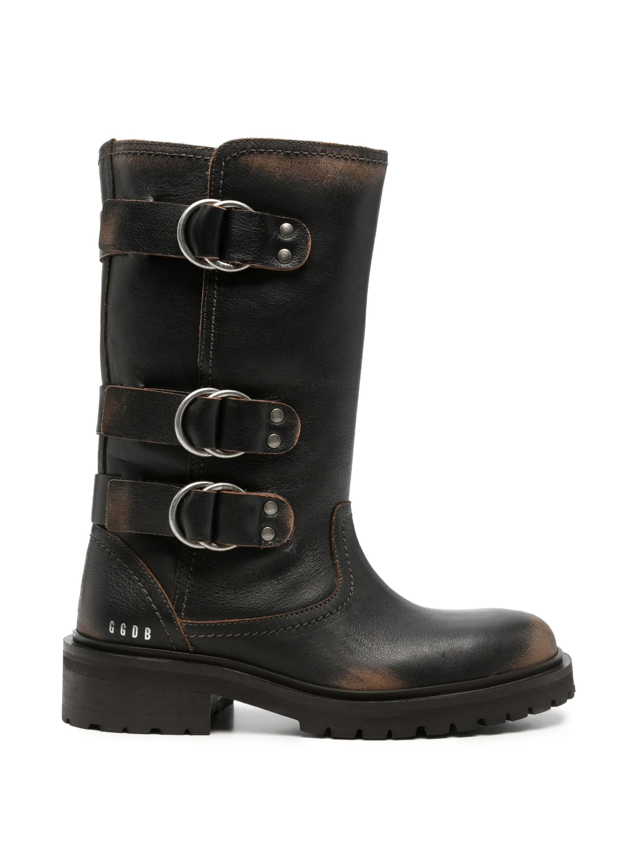 triple-buckle distressed-effect biker boots