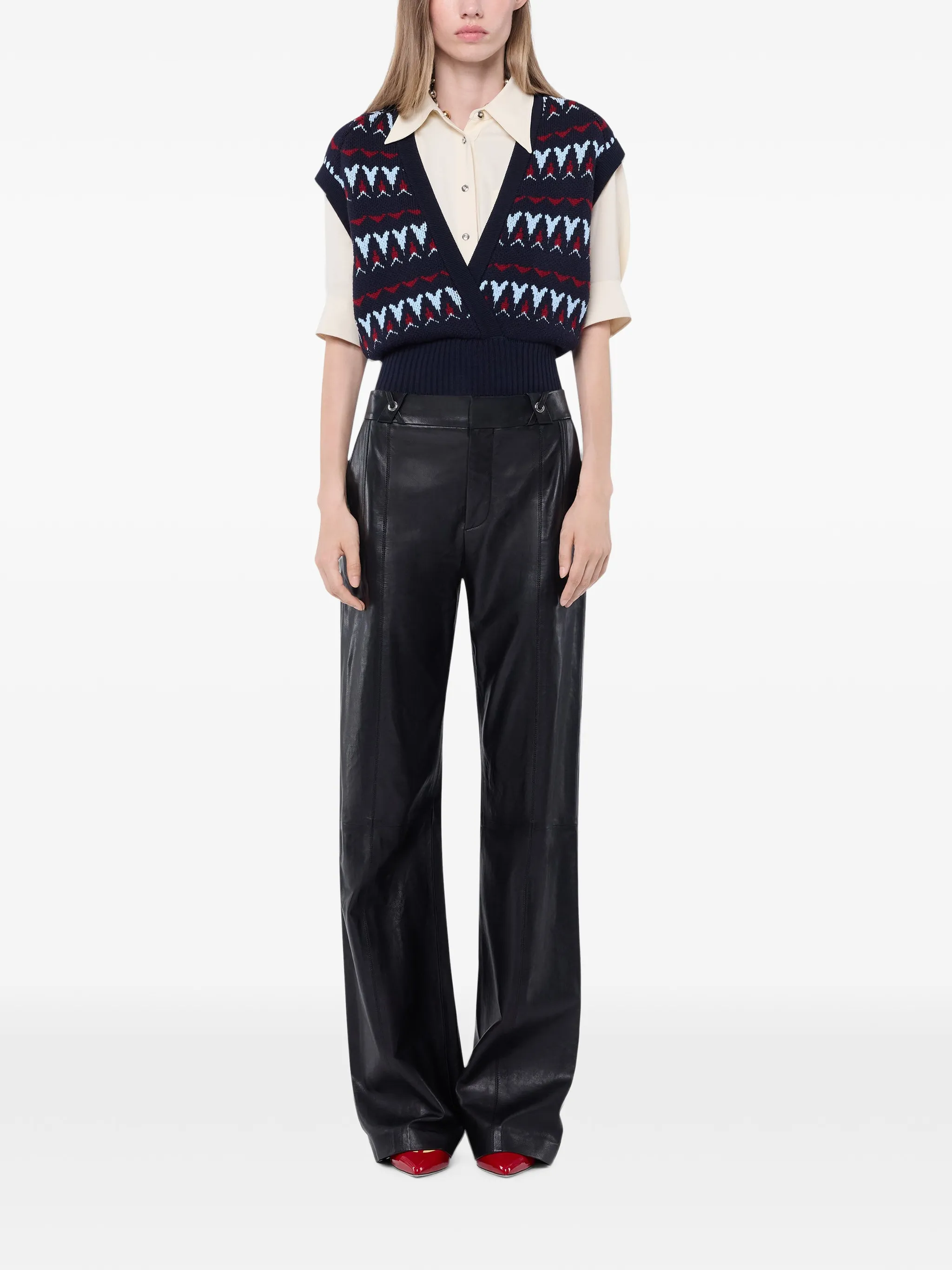 black lambskin-leather straight-leg trousers