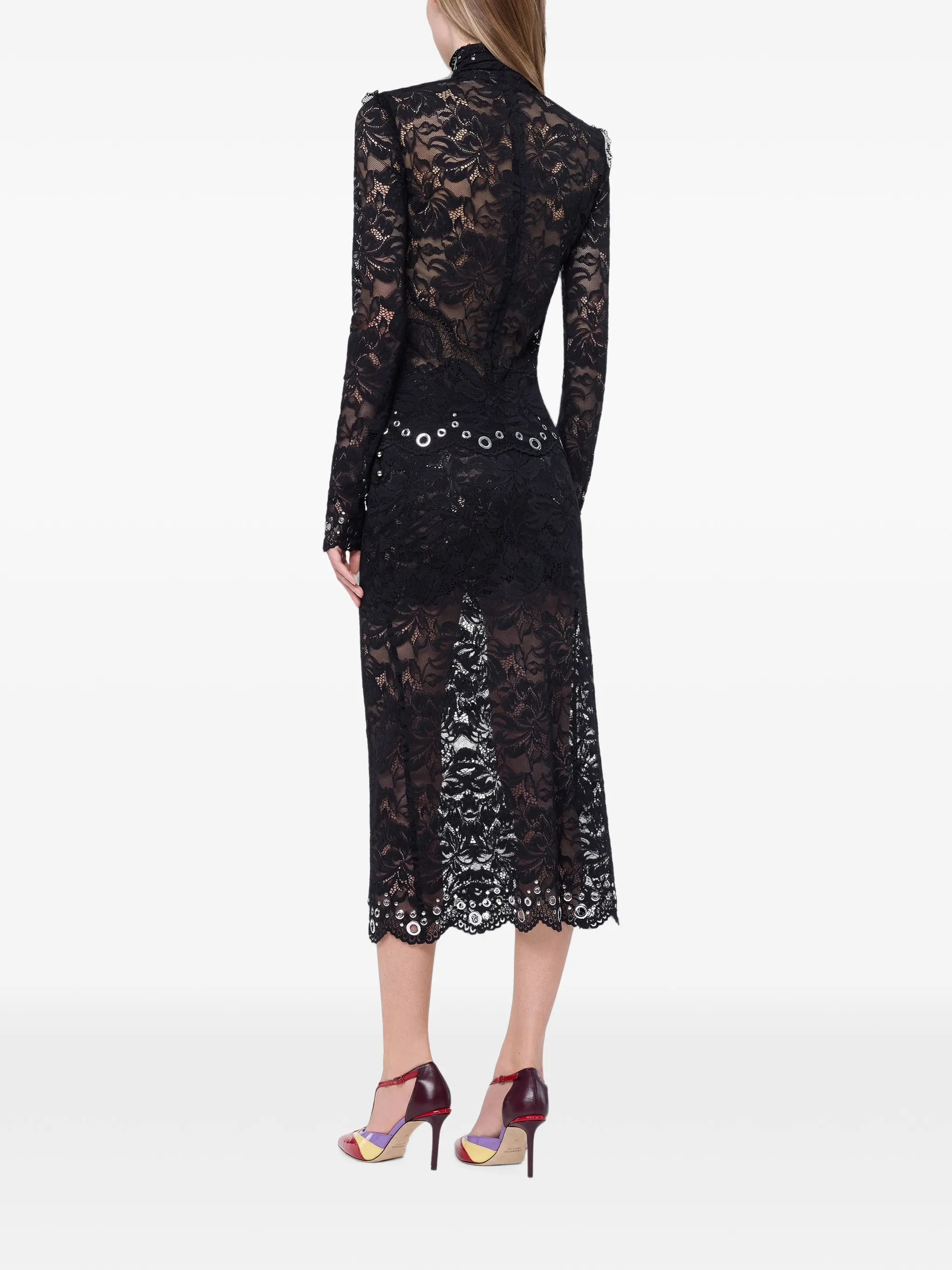 long-sleeve top in black layered lace with silver eyelets details