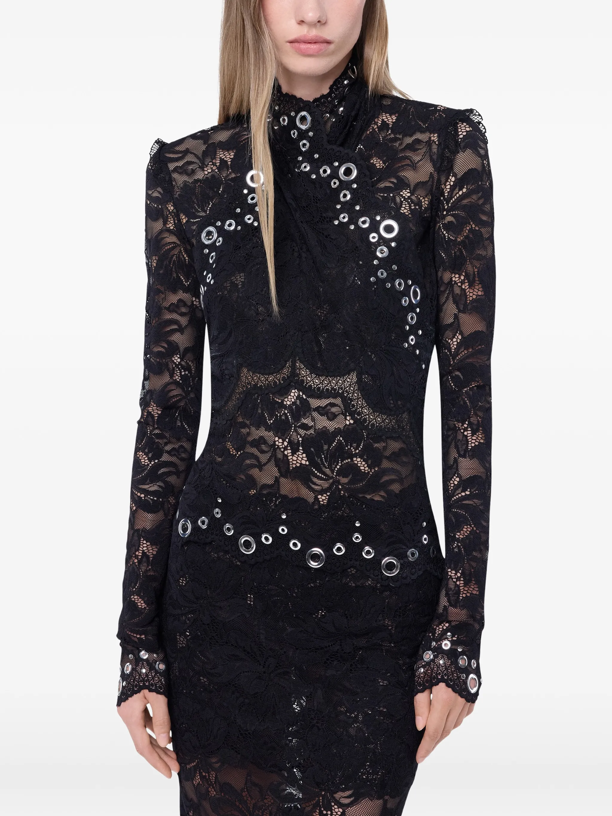 long-sleeve top in black layered lace with silver eyelets details