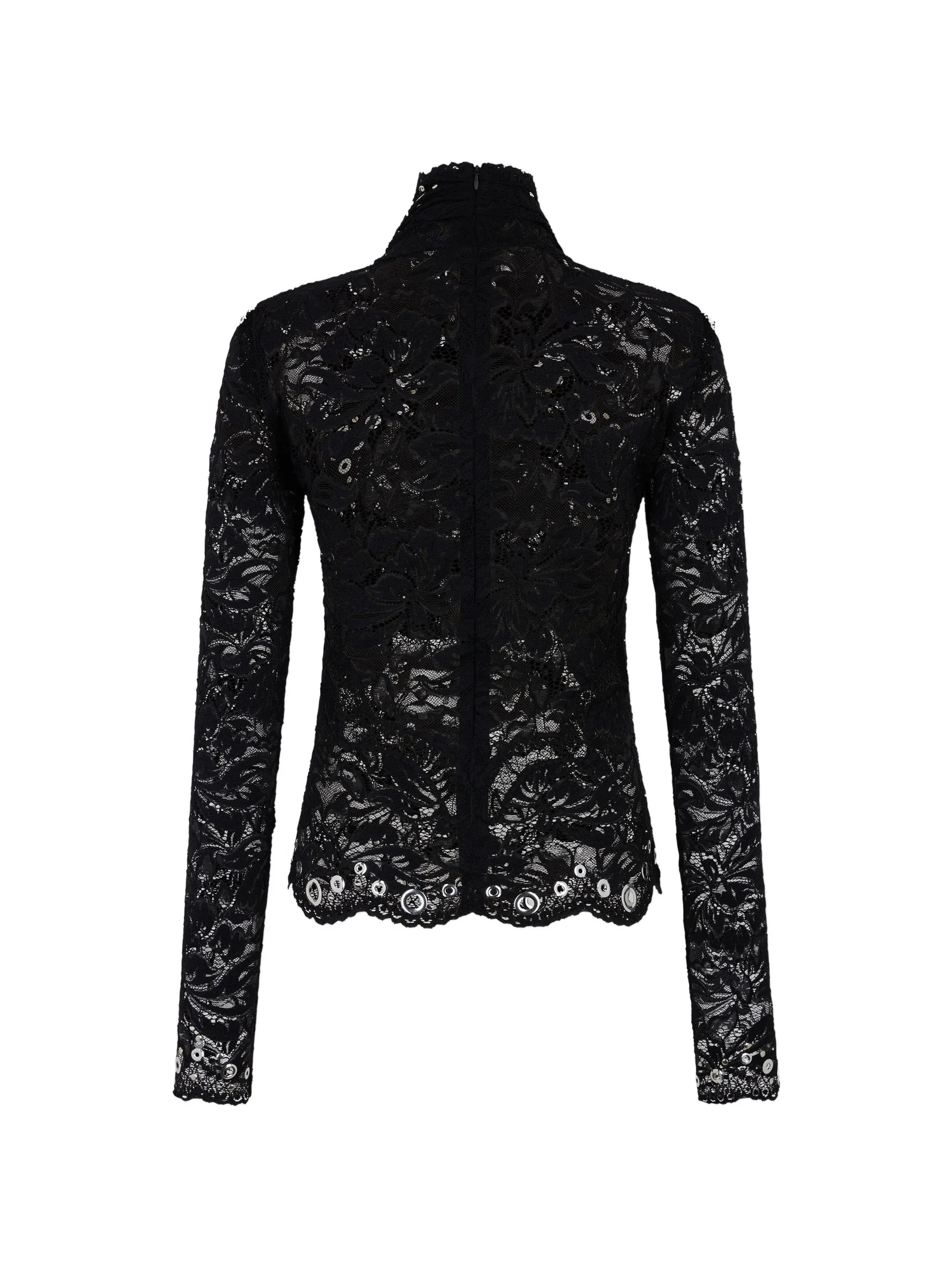 long-sleeve top in black layered lace with silver eyelets details