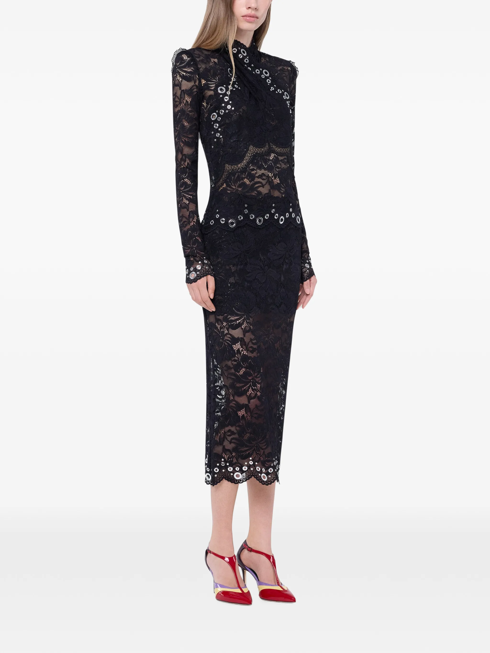 long-sleeve top in black layered lace with silver eyelets details