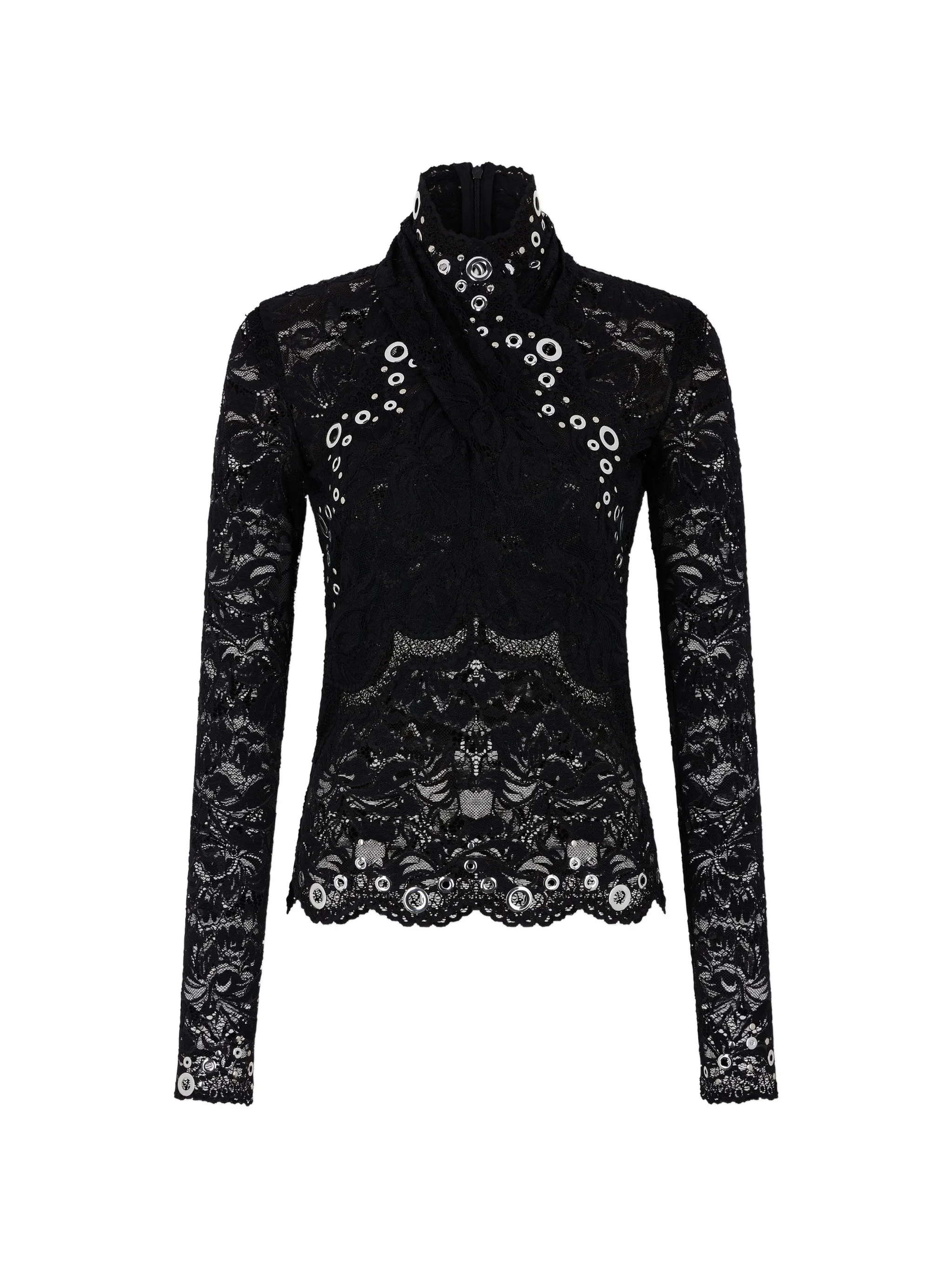 long-sleeve top in black layered lace with silver eyelets details