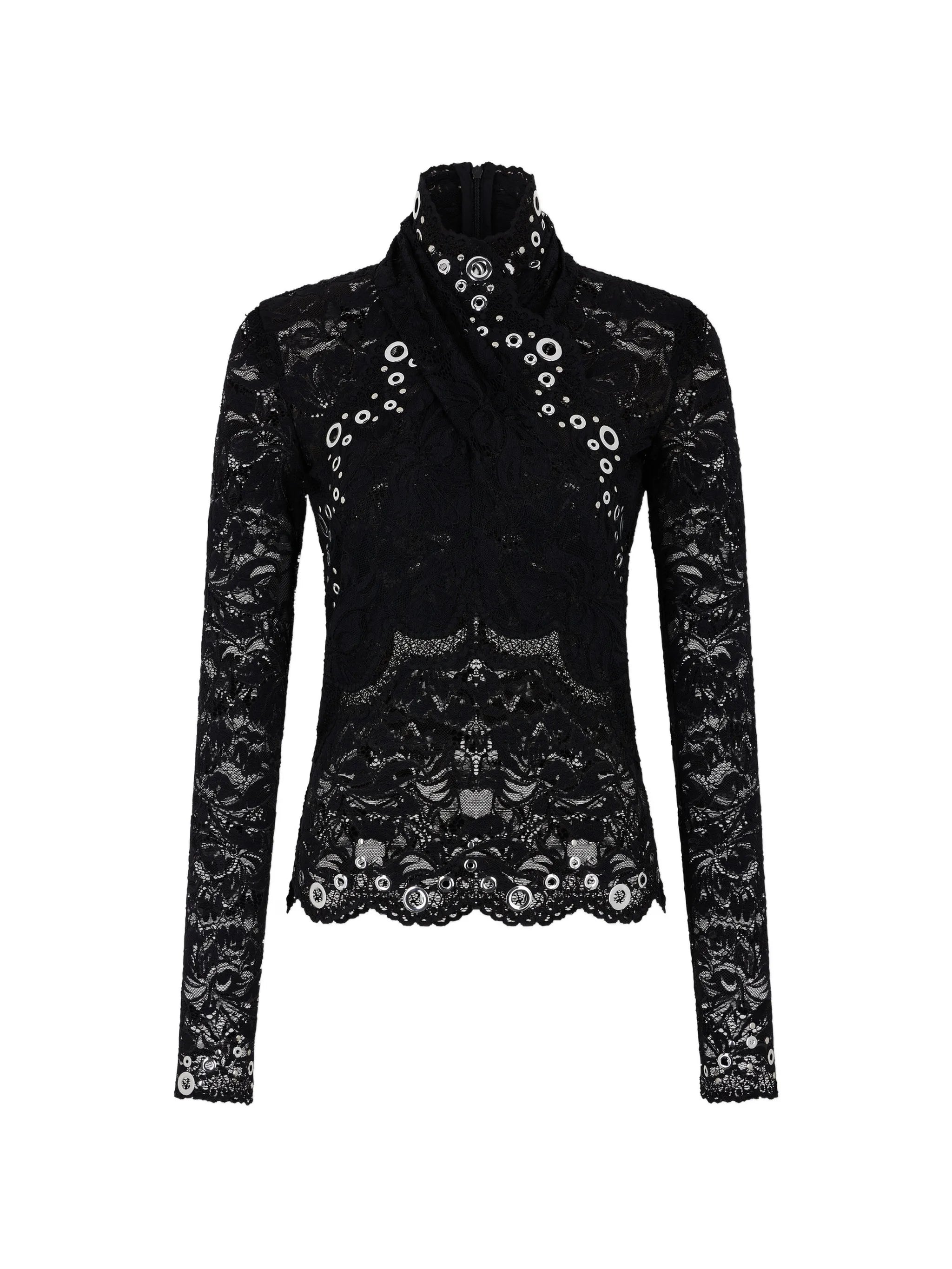 long-sleeve top in black layered lace with silver eyelets details